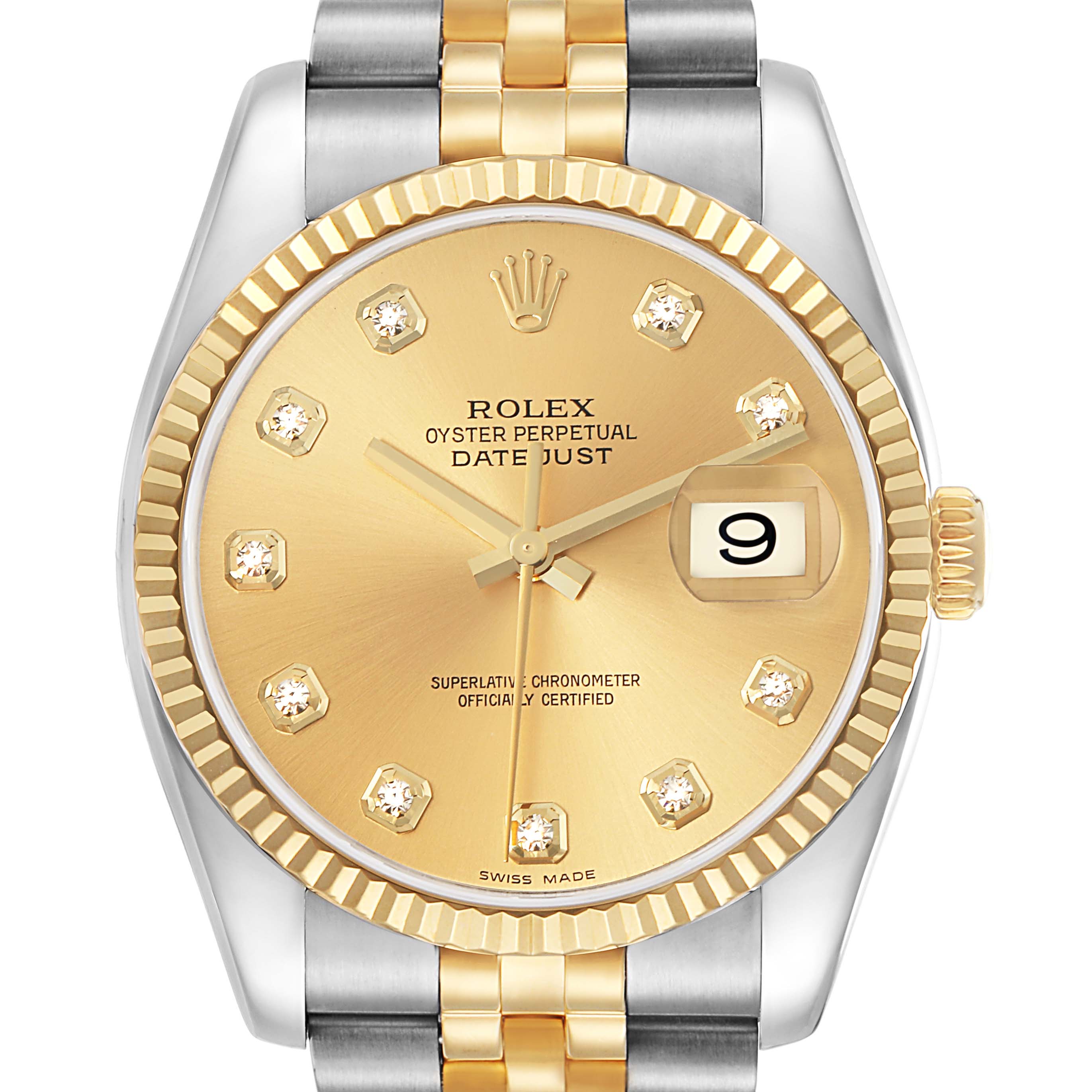 The image shows a Rolex Datejust model 116233 men
s watch from a frontal angle, highlighting its gold dial, fluted bezel, and two-tone Jubilee bracelet.