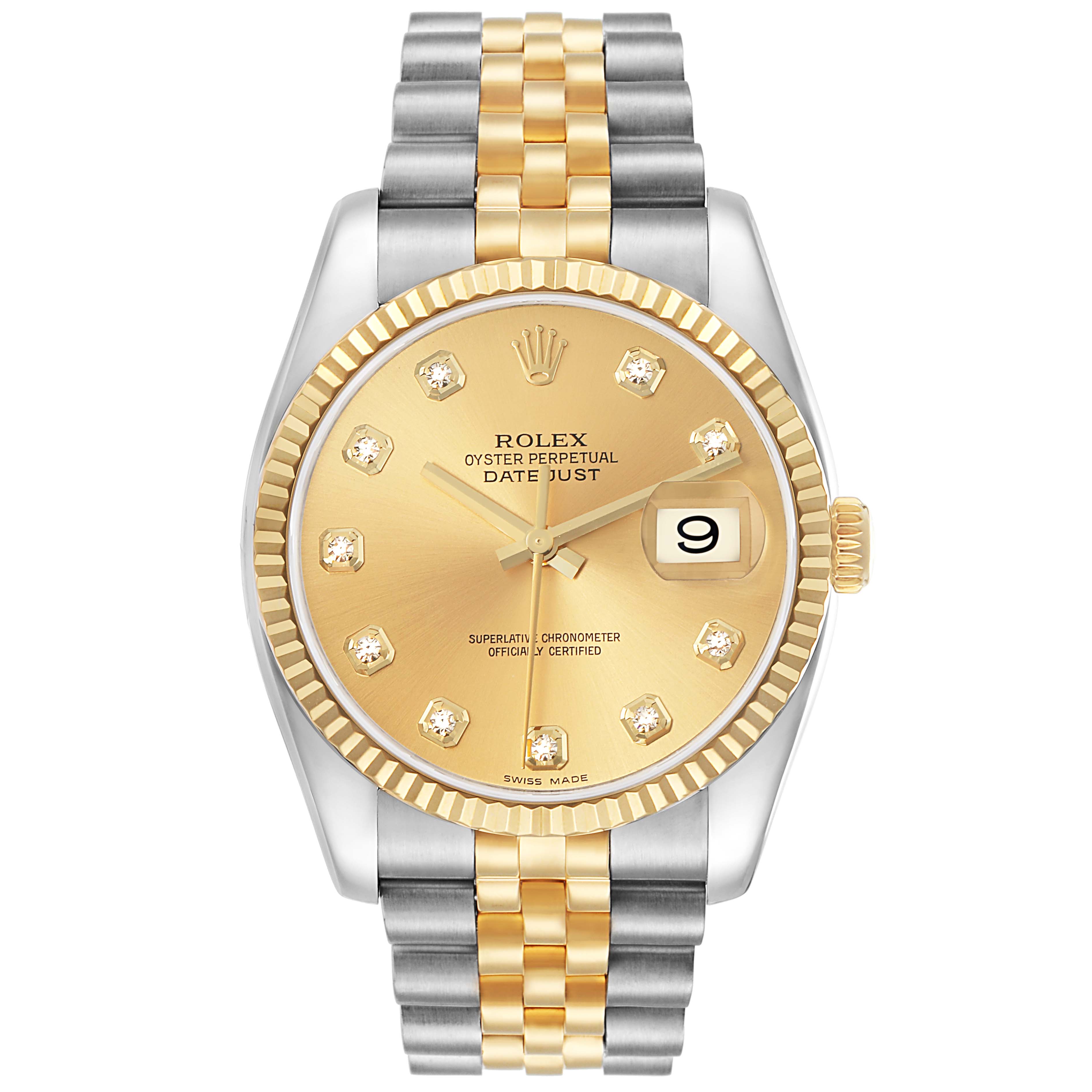 The Rolex Datejust model 116233 men
s watch is shown from a frontal angle, highlighting the gold and silver jubilee bracelet, fluted bezel, and date window.