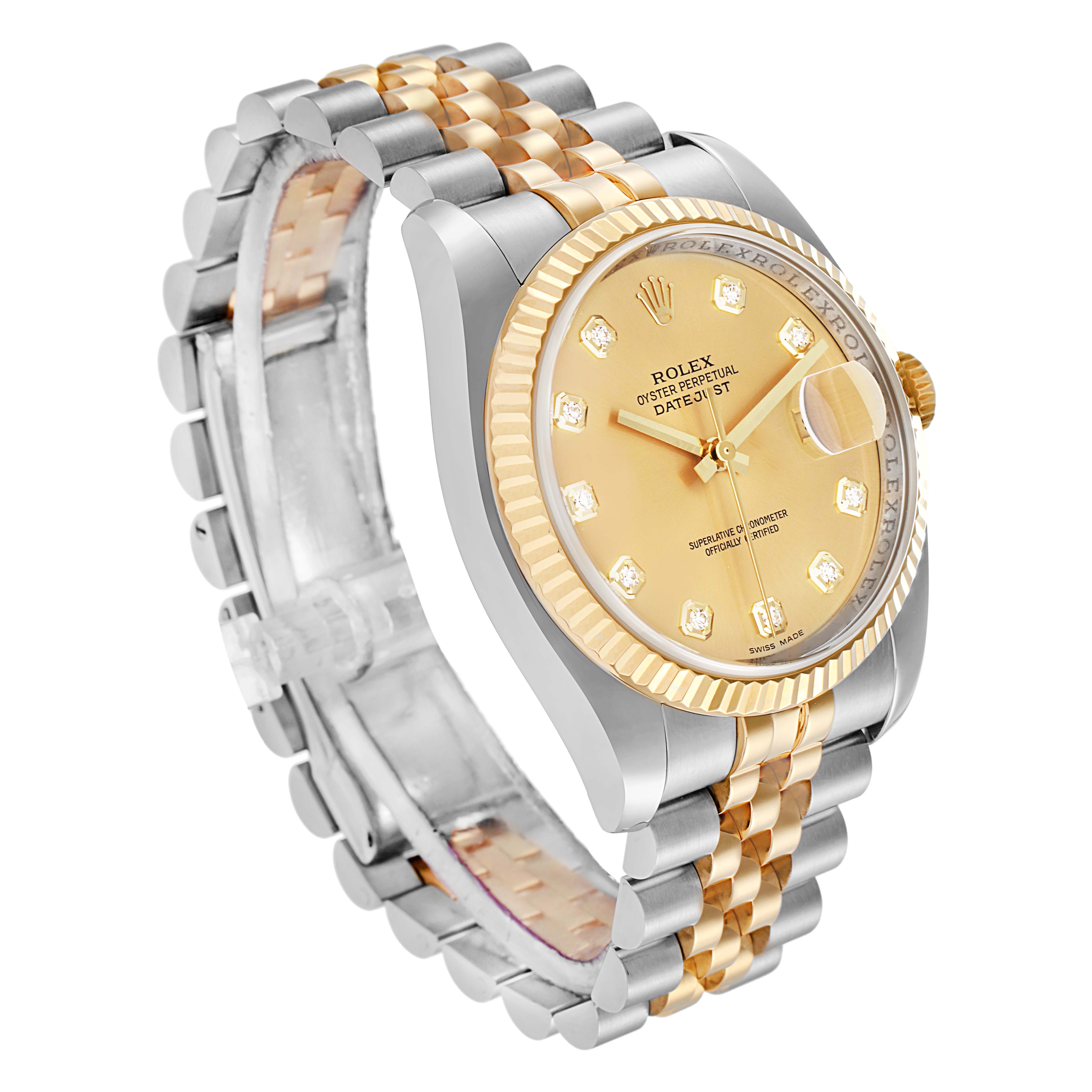 The Rolex Datejust model 116233 men
s watch is shown at a three-quarter angle, displaying the dial, bezel, crown, and Jubilee bracelet in a gold and silver tone.