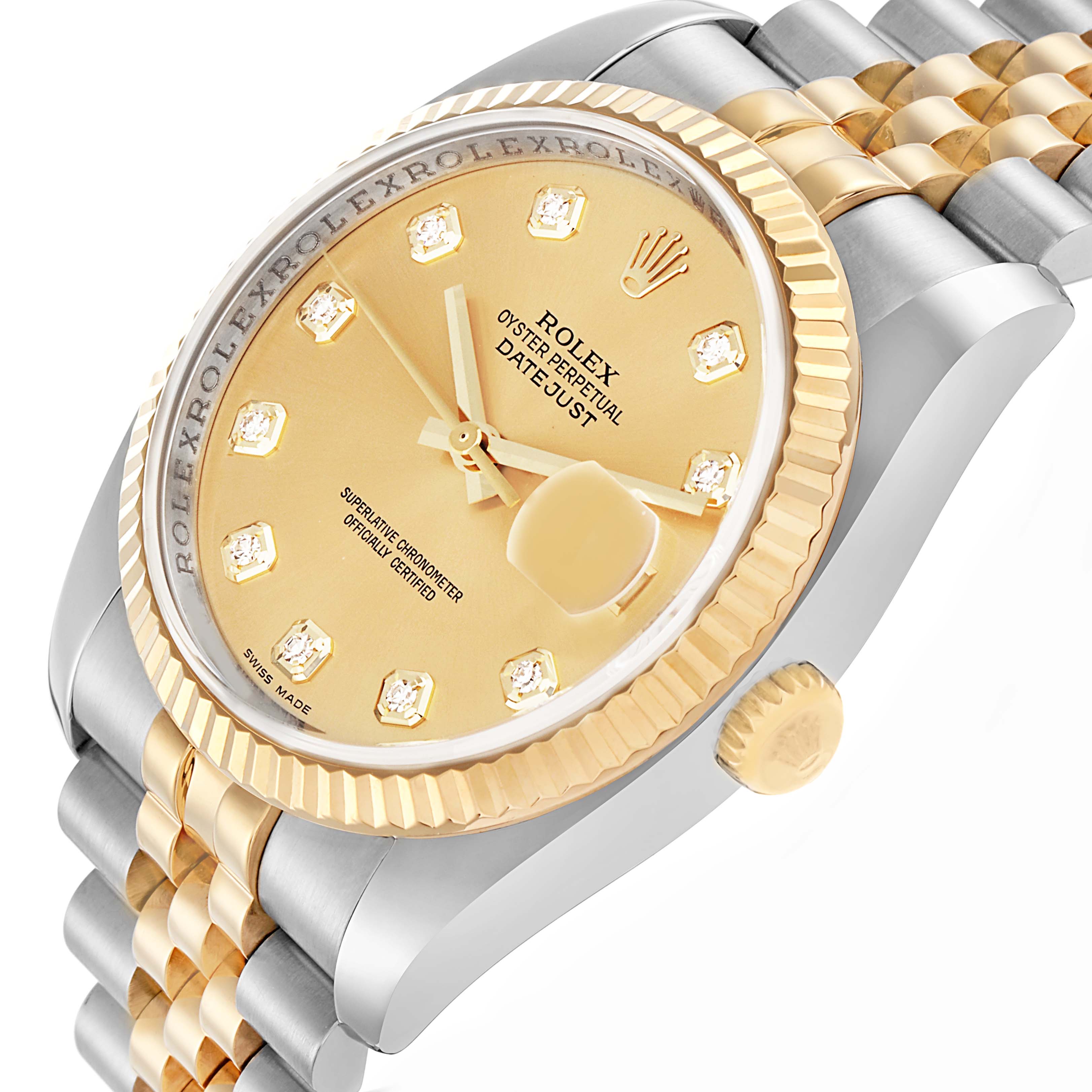 The image shows a close-up angled view of a Rolex Datejust Model 116233, highlighting the gold bezel, dial, crown, and Jubilee bracelet.
