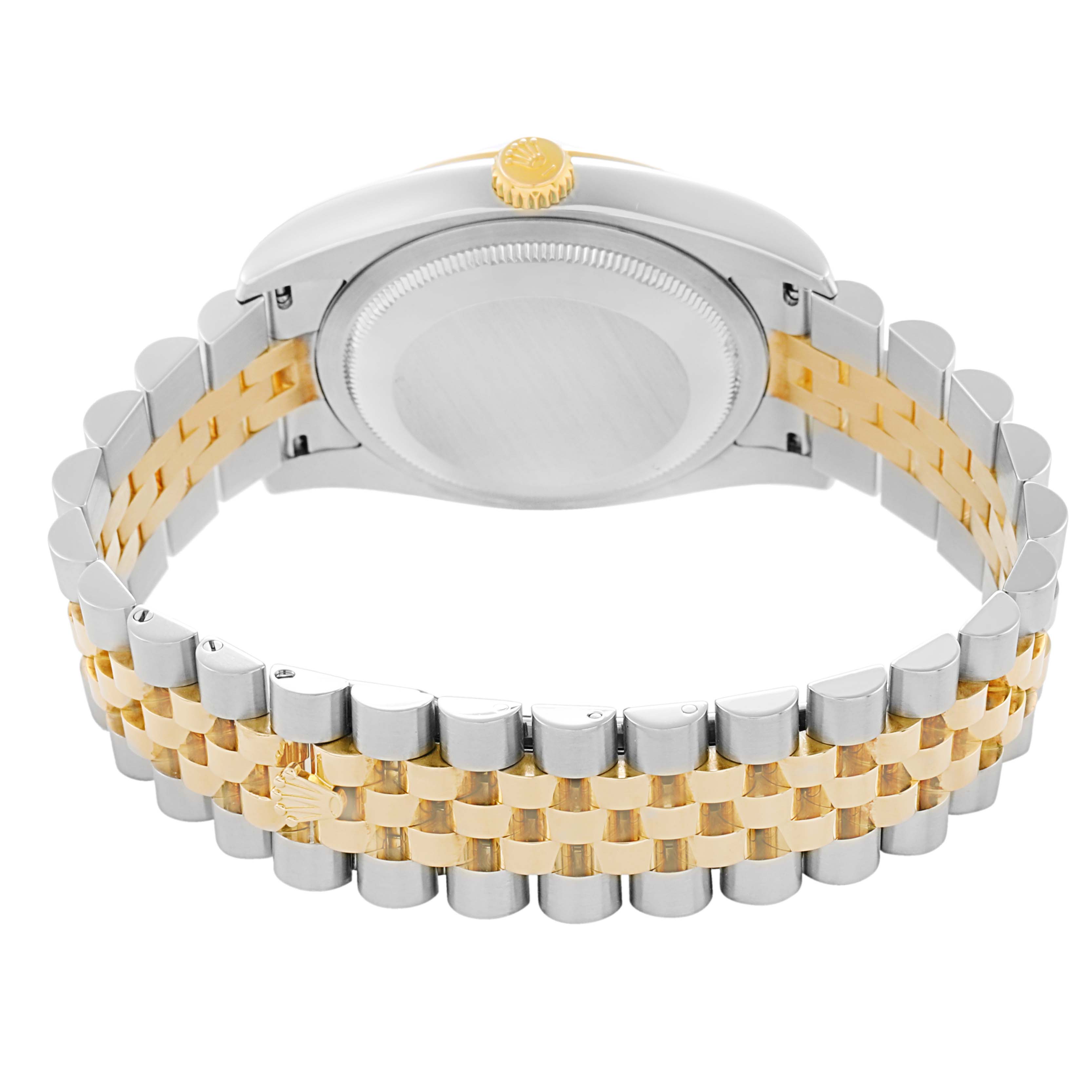 The image shows the back of a Rolex Datejust model 116233 men
s watch, featuring the case back, crown, and two-tone Jubilee bracelet from a rear angle.