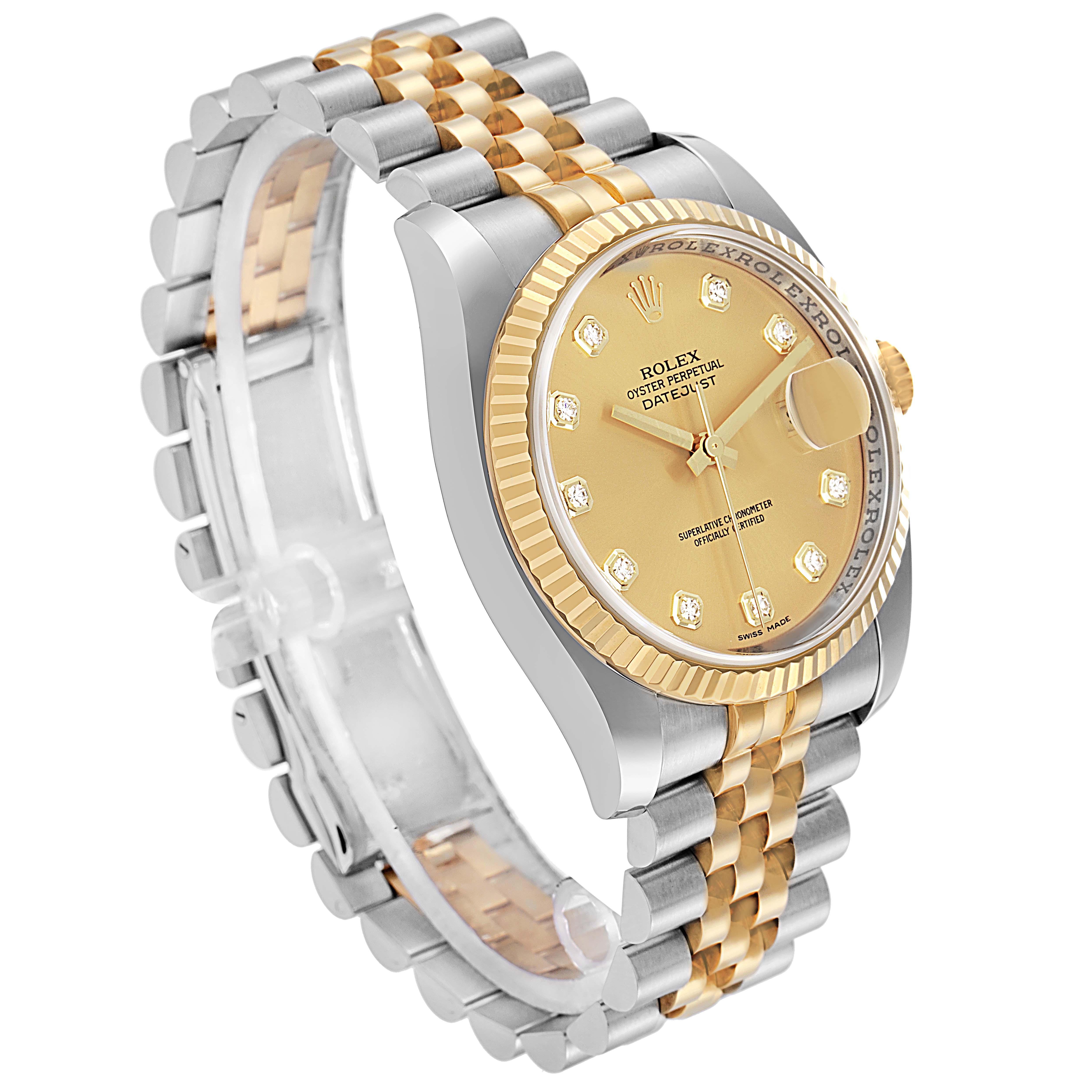 The image shows a Rolex Datejust Model 116233 men
s watch at an angled view, highlighting the gold and silver Jubilee bracelet, fluted bezel, and champagne dial.