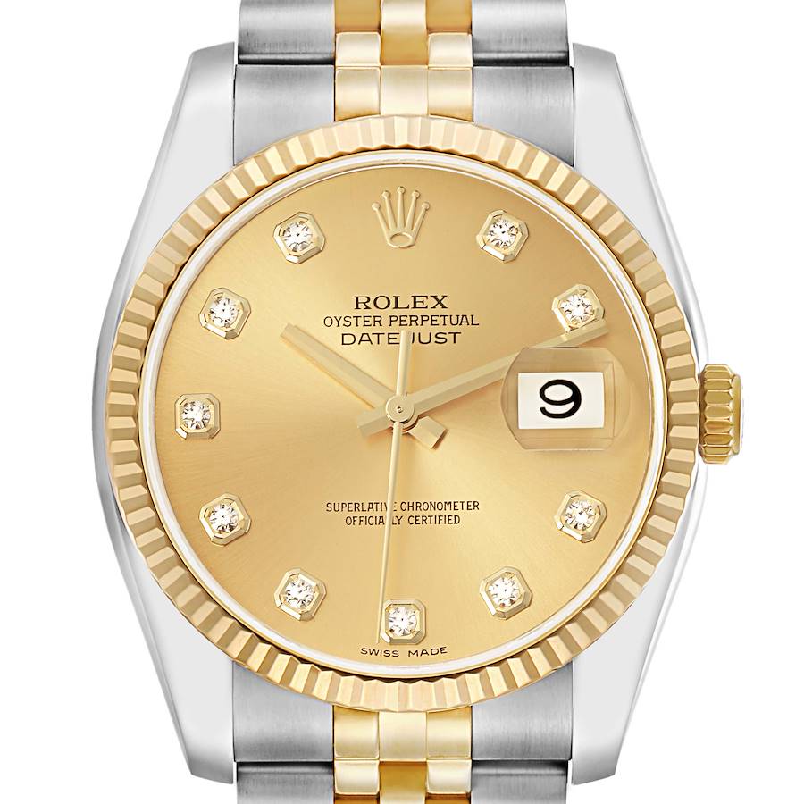 The image shows a front view of the Rolex Datejust model 116233 men's watch, highlighting the gold bezel, champagne dial, diamond hour markers, and two-tone bracelet.