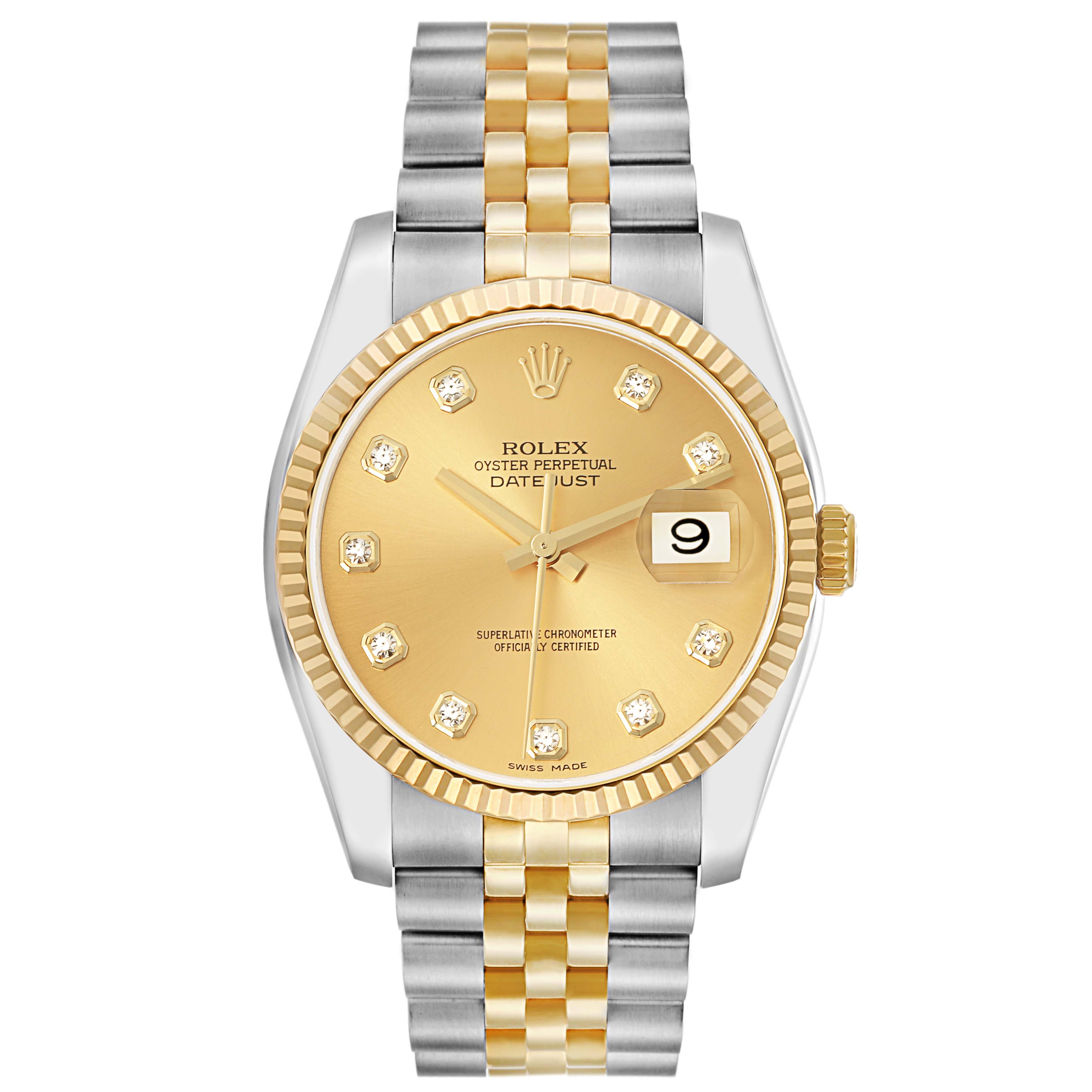 The image shows a Rolex Datejust model 116233 men
s watch from the front, highlighting its gold dial, diamond hour markers, and two-tone bracelet.