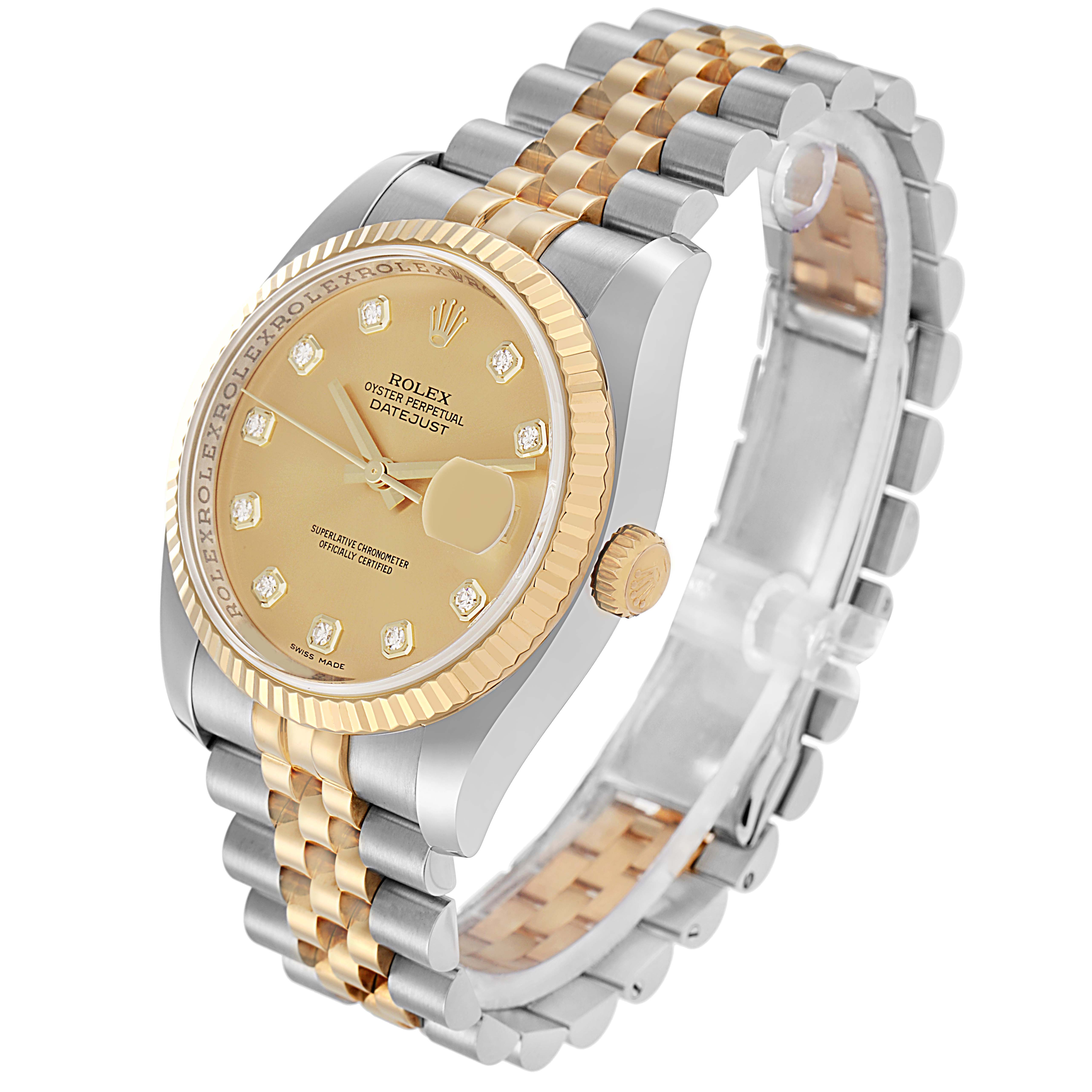 The Rolex Datejust model number 116233 is shown at a slight angle, highlighting the gold fluted bezel, champagne dial with diamond markers, and the two-tone Jubilee bracelet.