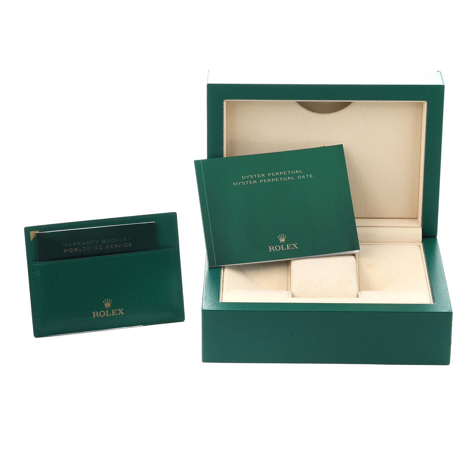 The image shows a Rolex Datejust model 116233 box and accessories, including a green warranty booklet and watch holder, viewed from the front.