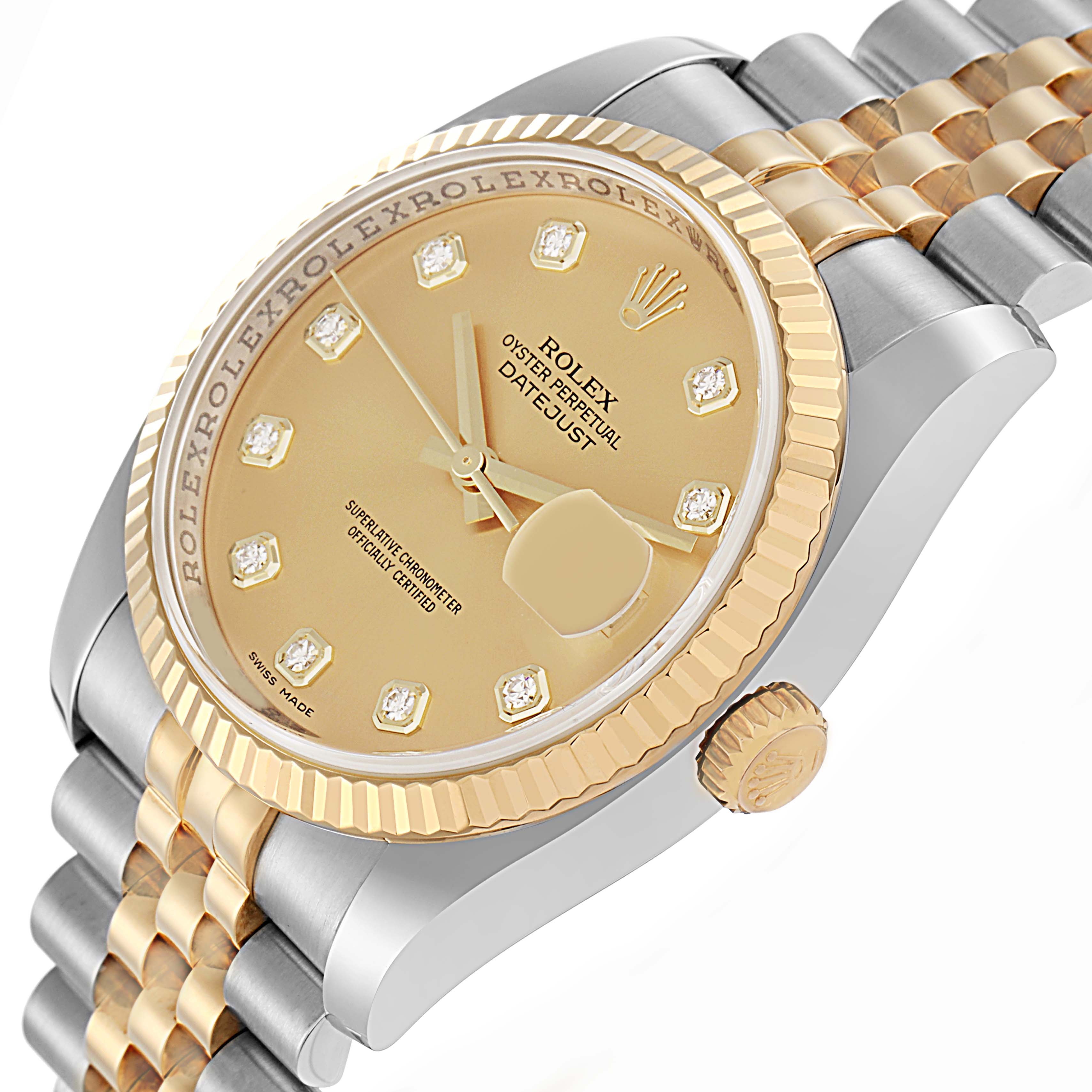 The Rolex Datejust model 116233 is shown at an angle highlighting the gold dial, fluted bezel, and two-tone bracelet, with details of the case and crown visible.