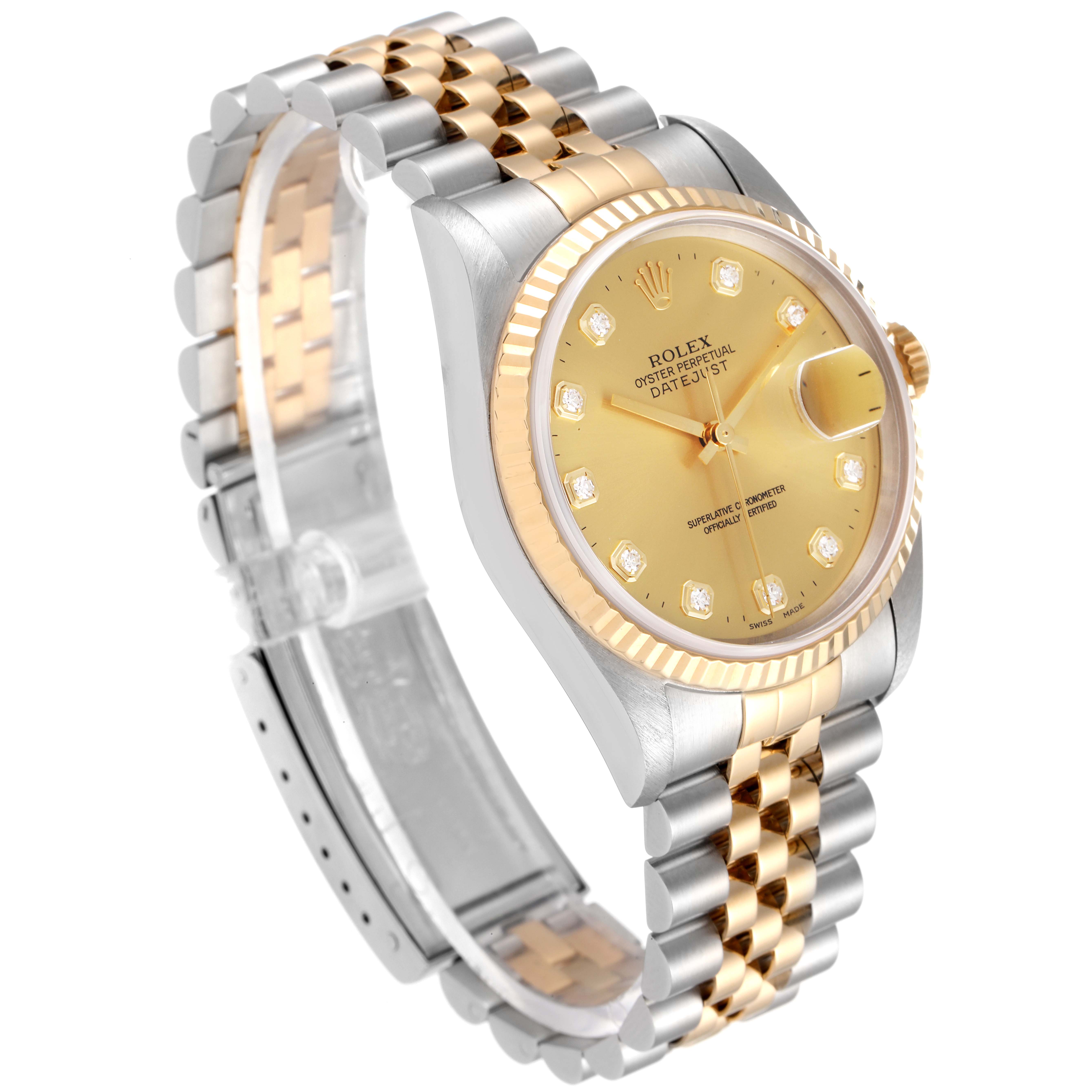This image shows a Rolex Datejust 16233 Men's Steel and Gold (two tone) Champagne Dial 16233 Men's Steel and Gold (two tone) Champagne Dial watch at a three-quarter angle, highlighting the face, fluted bezel, and two-tone bracelet.