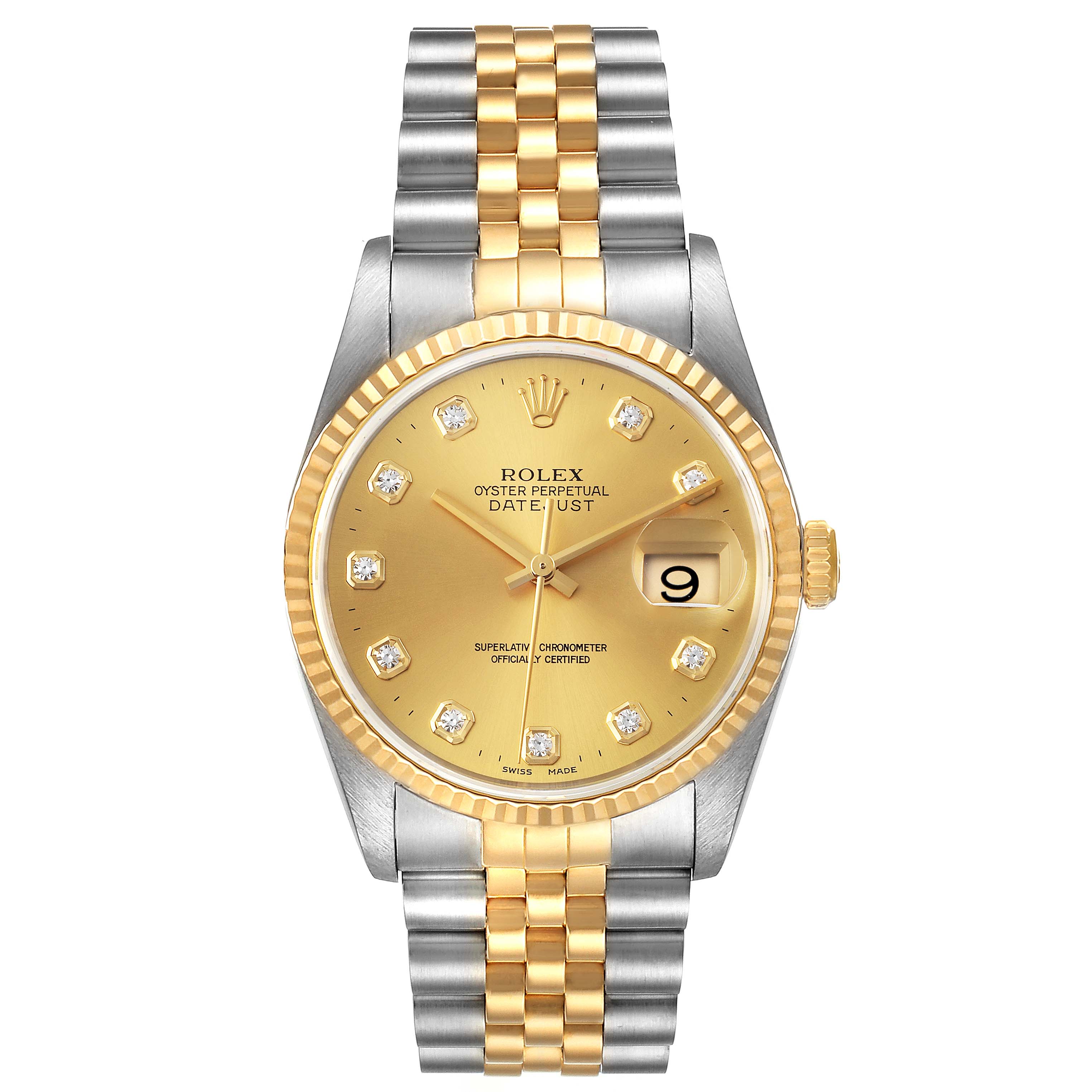 The image shows a front view of a Rolex Datejust 16233 Men's Steel and Gold (two tone) Champagne Dial 16233 Men's Steel and Gold (two tone) Champagne Dial watch, highlighting its two-tone bracelet, gold dial, and fluted bezel.