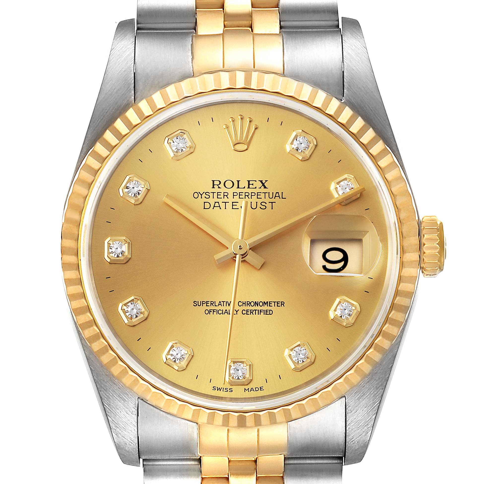 The image shows a front-facing view of the Rolex Datejust 16233 Men's Steel and Gold (two tone) Champagne Dial 16233 Men's Steel and Gold (two tone) Champagne Dial watch, highlighting its gold dial, diamond hour markers, and the two-tone bracelet.