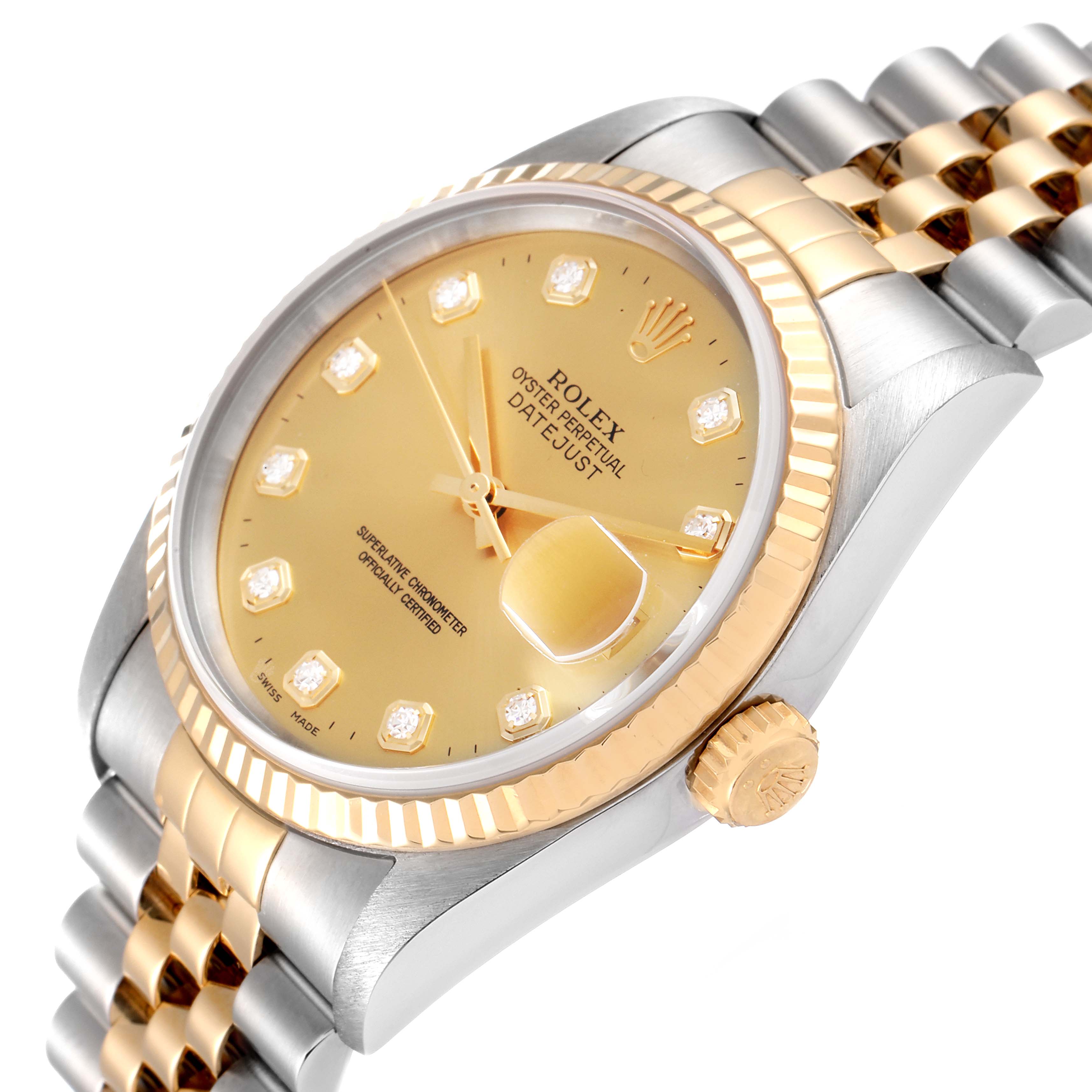 The image shows a close-up of a Rolex Datejust 16233 Men's Steel and Gold (two tone) Champagne Dial 16233 Men's Steel and Gold (two tone) Champagne Dial watch, featuring its gold dial, fluted bezel, and two-tone Jubilee bracelet.