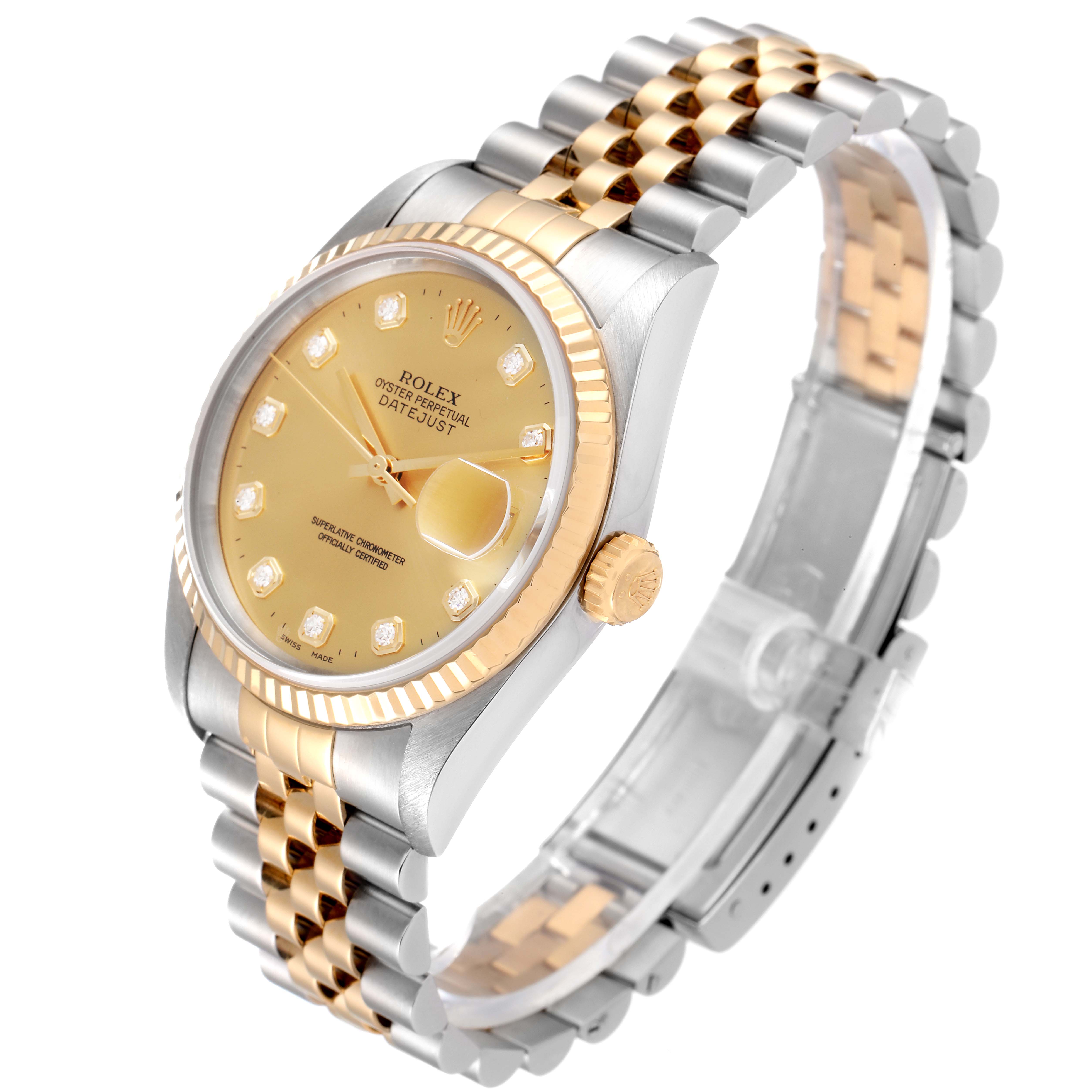 This image shows a side and front angle of a Rolex Datejust 16233 Men's Steel and Gold (two tone) Champagne Dial 16233 Men's Steel and Gold (two tone) Champagne Dial, displaying its dial, bezel, crown, and bracelet.