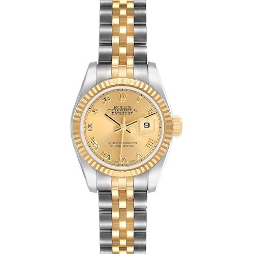 The Rolex Datejust 179173 Women's Steel and Gold (two tone) Champagne Dial watch is shown from the front, displaying its face, bezel, and Jubilee bracelet.