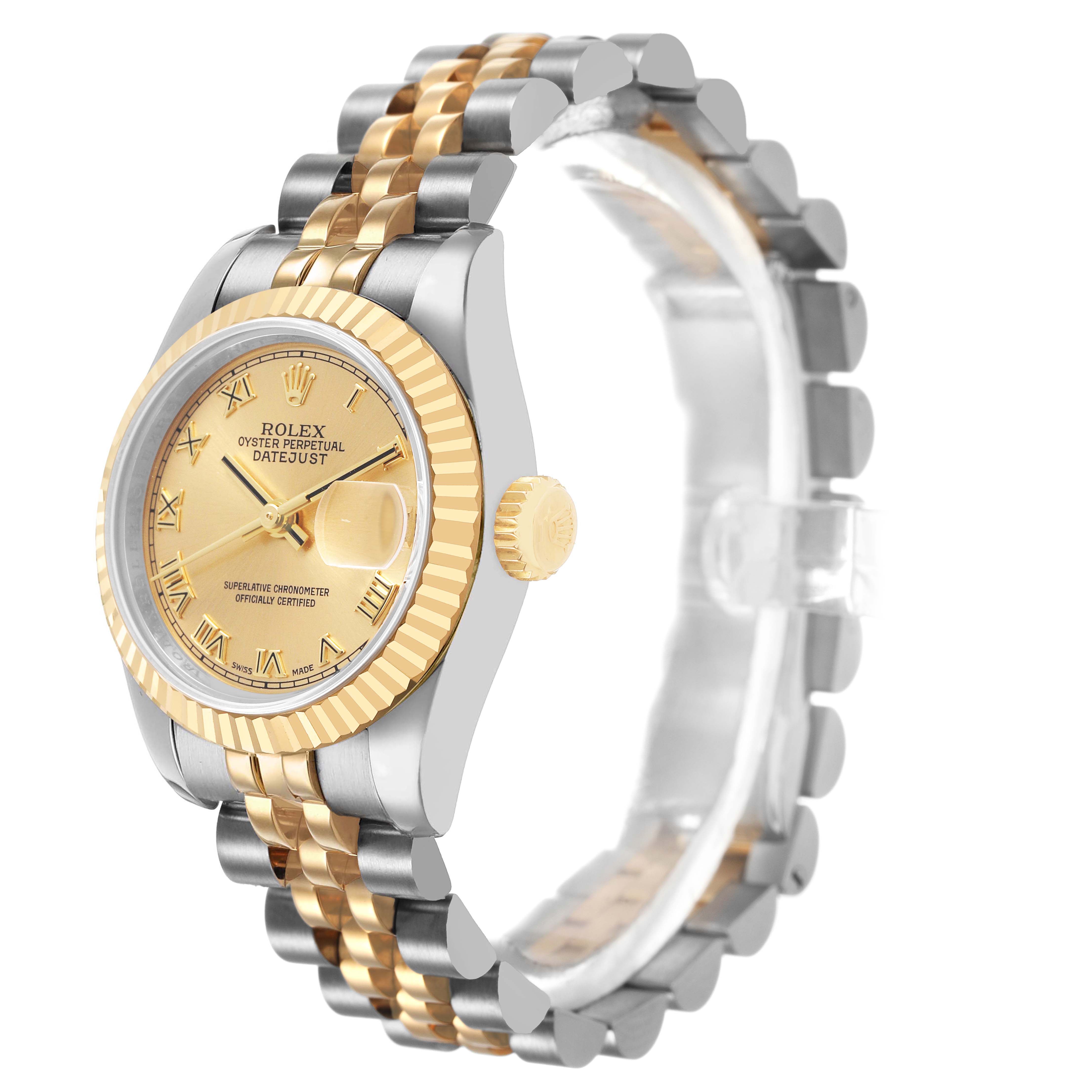 The Rolex Datejust 179173 Women's Steel and Gold (two tone) Champagne Dial watch is shown from a side angle, highlighting the case, bezel, crown, dial, and two-tone bracelet.