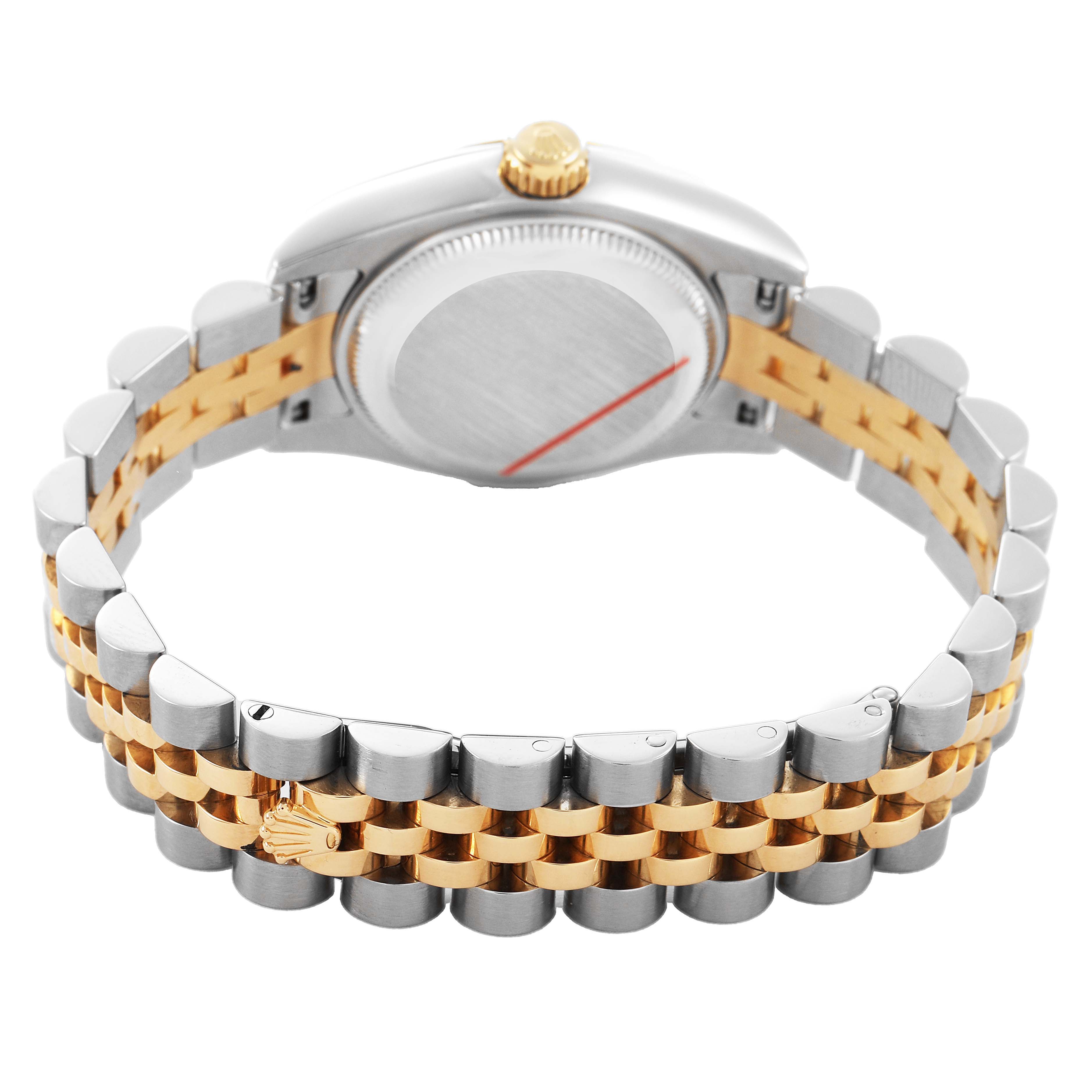 The image shows the back of a Rolex Datejust 179173 Women's Steel and Gold (two tone) Champagne Dial watch, highlighting its two-tone bracelet and case back.