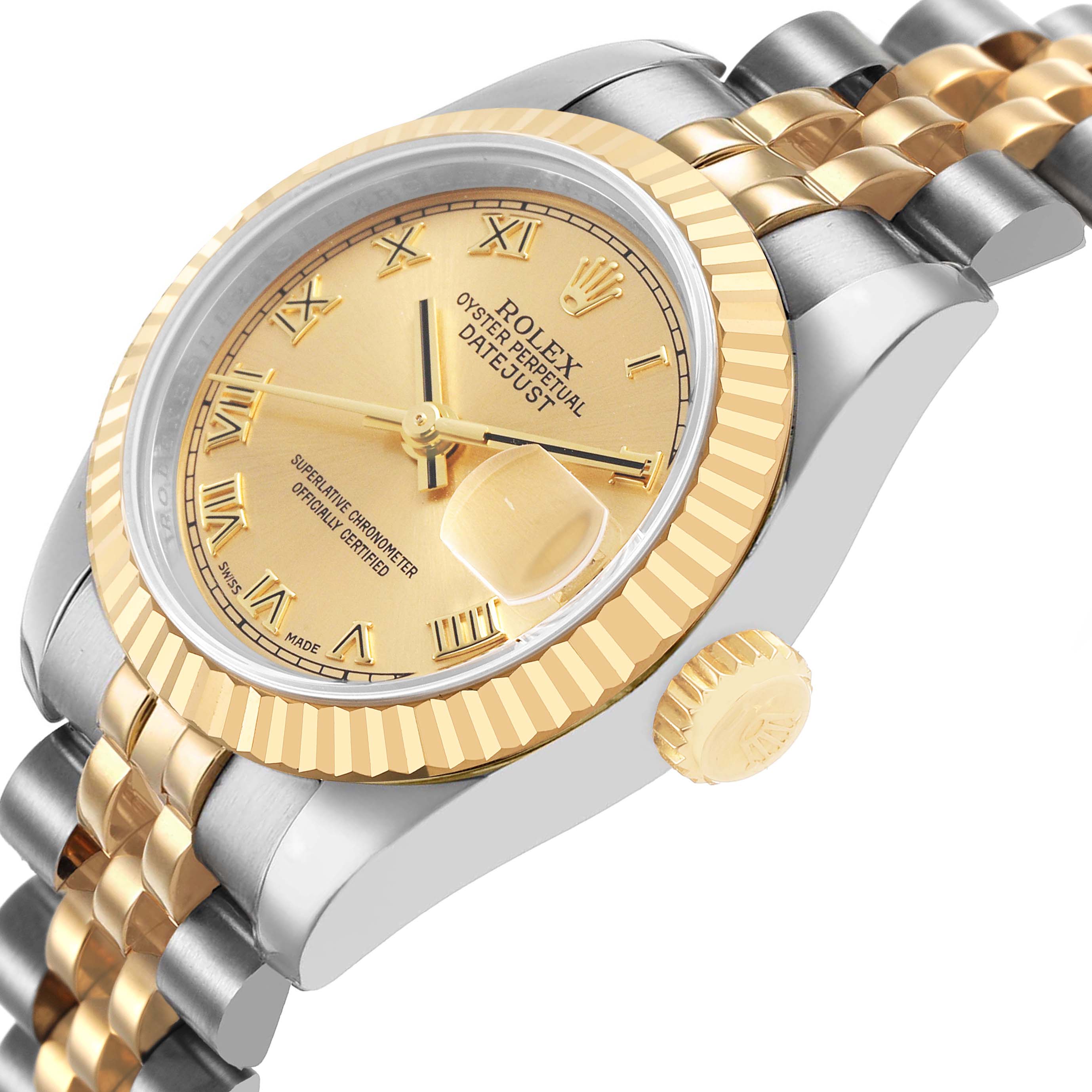 The Rolex Datejust 179173 Women's Steel and Gold (two tone) Champagne Dial watch is shown at a slight side angle highlighting the bezel, dial, crown, and bracelet.