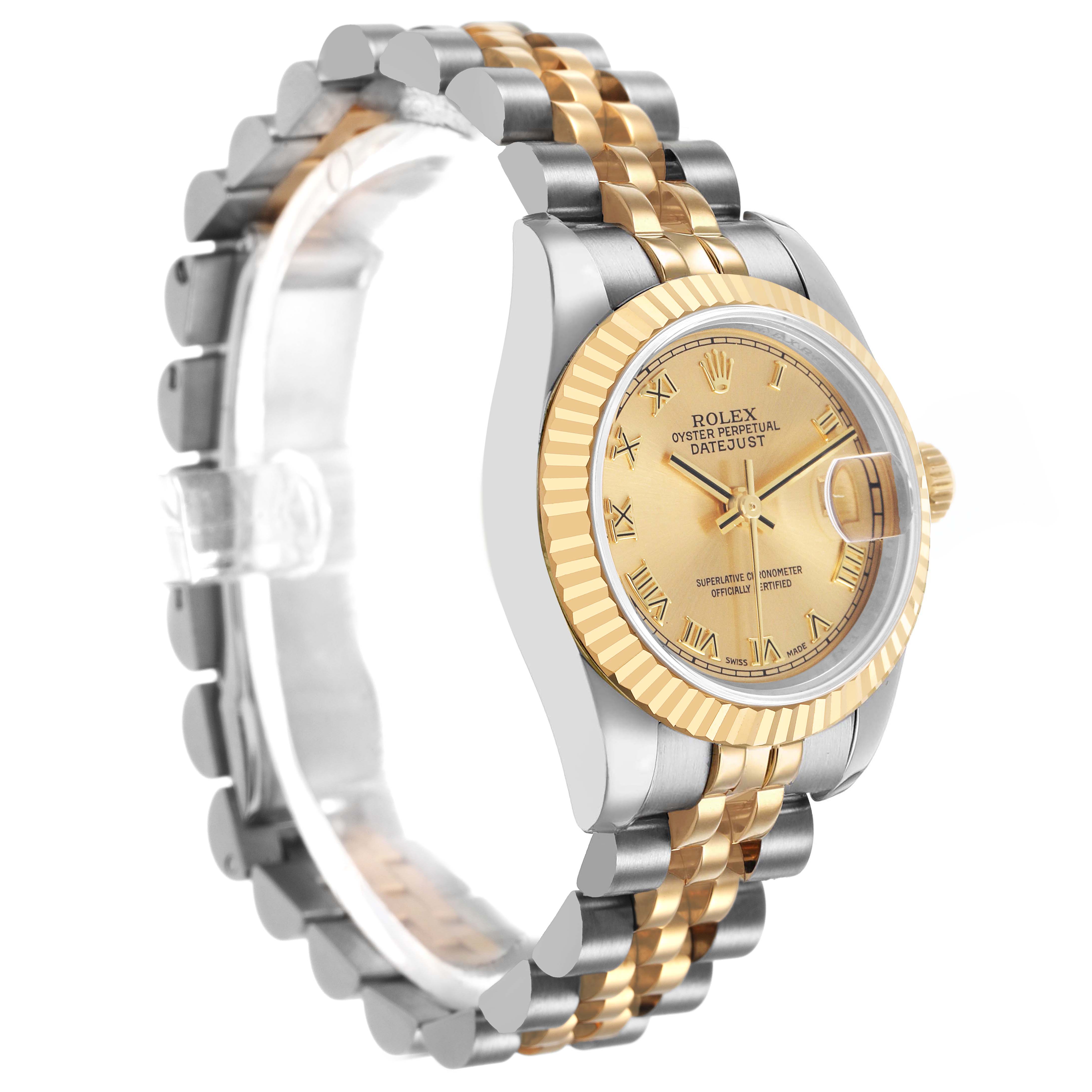 The Rolex Datejust 179173 Women's Steel and Gold (two tone) Champagne Dial watch is shown at an angle highlighting the gold and silver bracelet, fluted bezel, and dial with Roman numerals.
