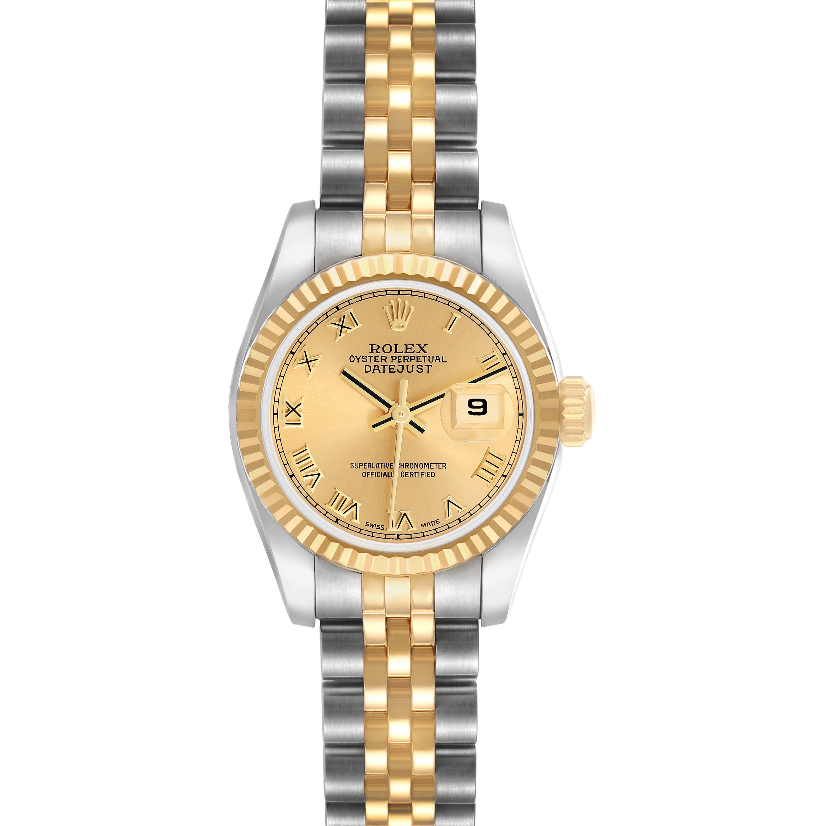 The Rolex Datejust 179173 Women's Steel and Gold (two tone) Champagne Dial watch is shown from the front, featuring the dial, bezel, and Jubilee bracelet.