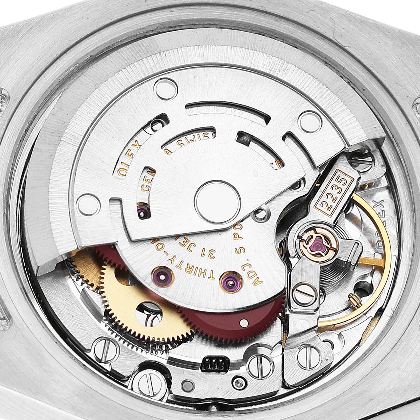 The image shows the movement mechanism of a Rolex Datejust 179173 Women's Steel and Gold (two tone) Champagne Dial watch from the back.