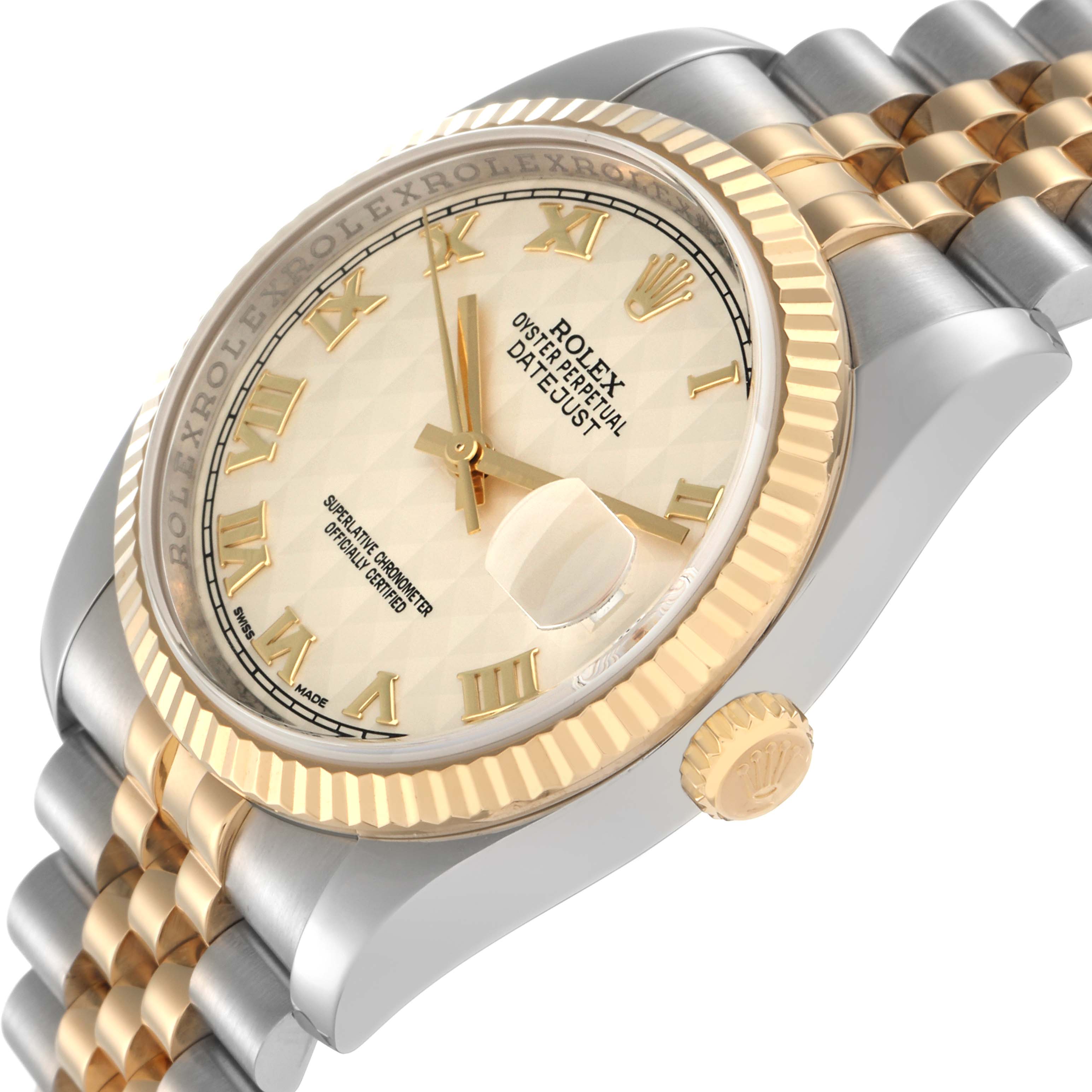 The Rolex Datejust model 116233 Men
s watch is shown at an angle highlighting the dial, bezel, crown, and part of the Jubilee bracelet.