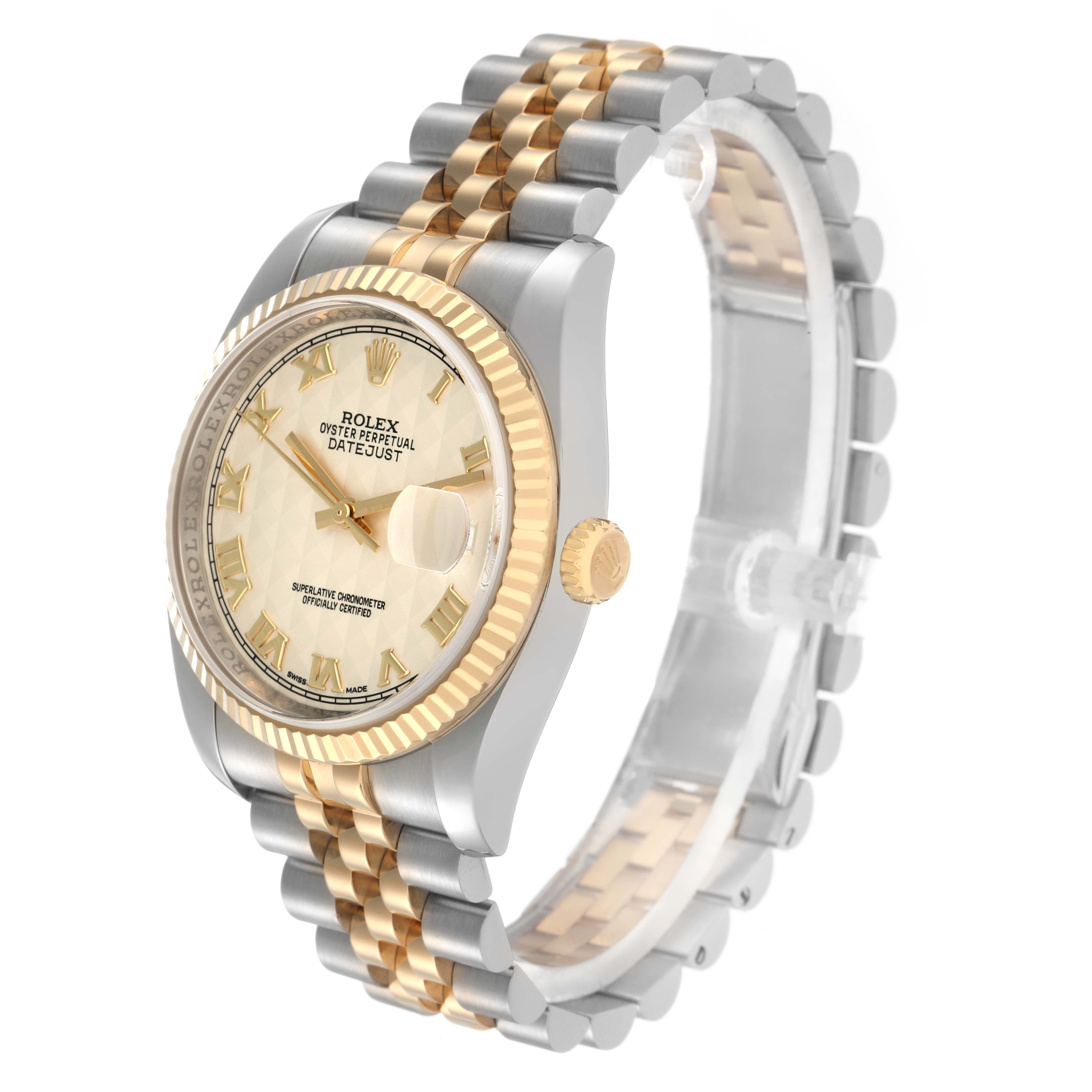 The Rolex Datejust model 116233 is shown at a 3/4 angle, highlighting the gold and silver bracelet, fluted bezel, and champagne dial with Roman numeral markers.