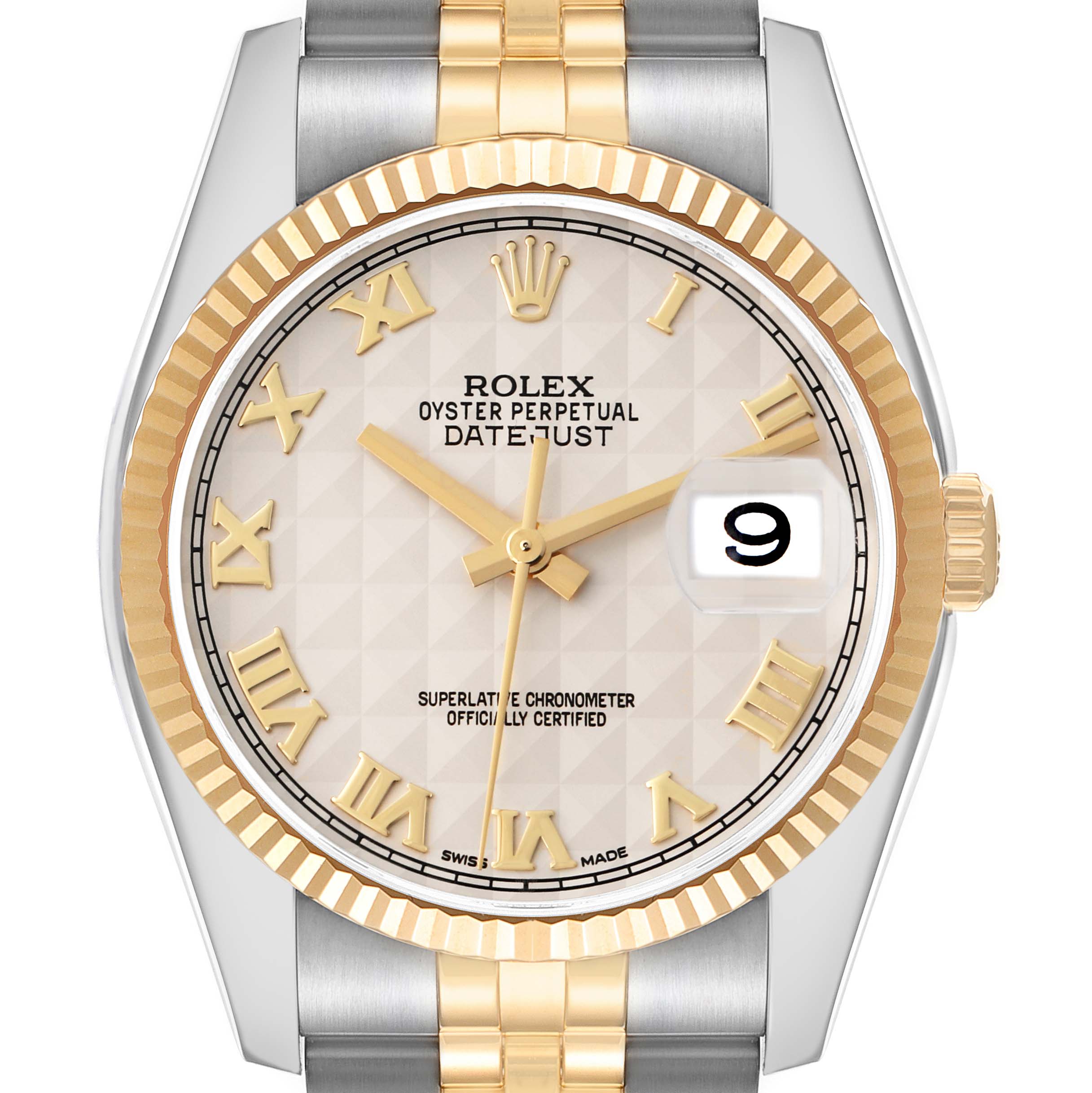 The Rolex Datejust model 116233 is depicted head-on, showing the dial, gold fluted bezel, Roman numeral markers, and part of the two-tone bracelet.