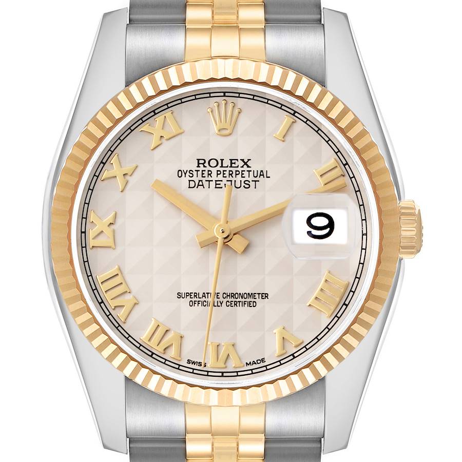 The Rolex Datejust model 116233 is depicted head-on, showing the dial, gold fluted bezel, Roman numeral markers, and part of the two-tone bracelet.
