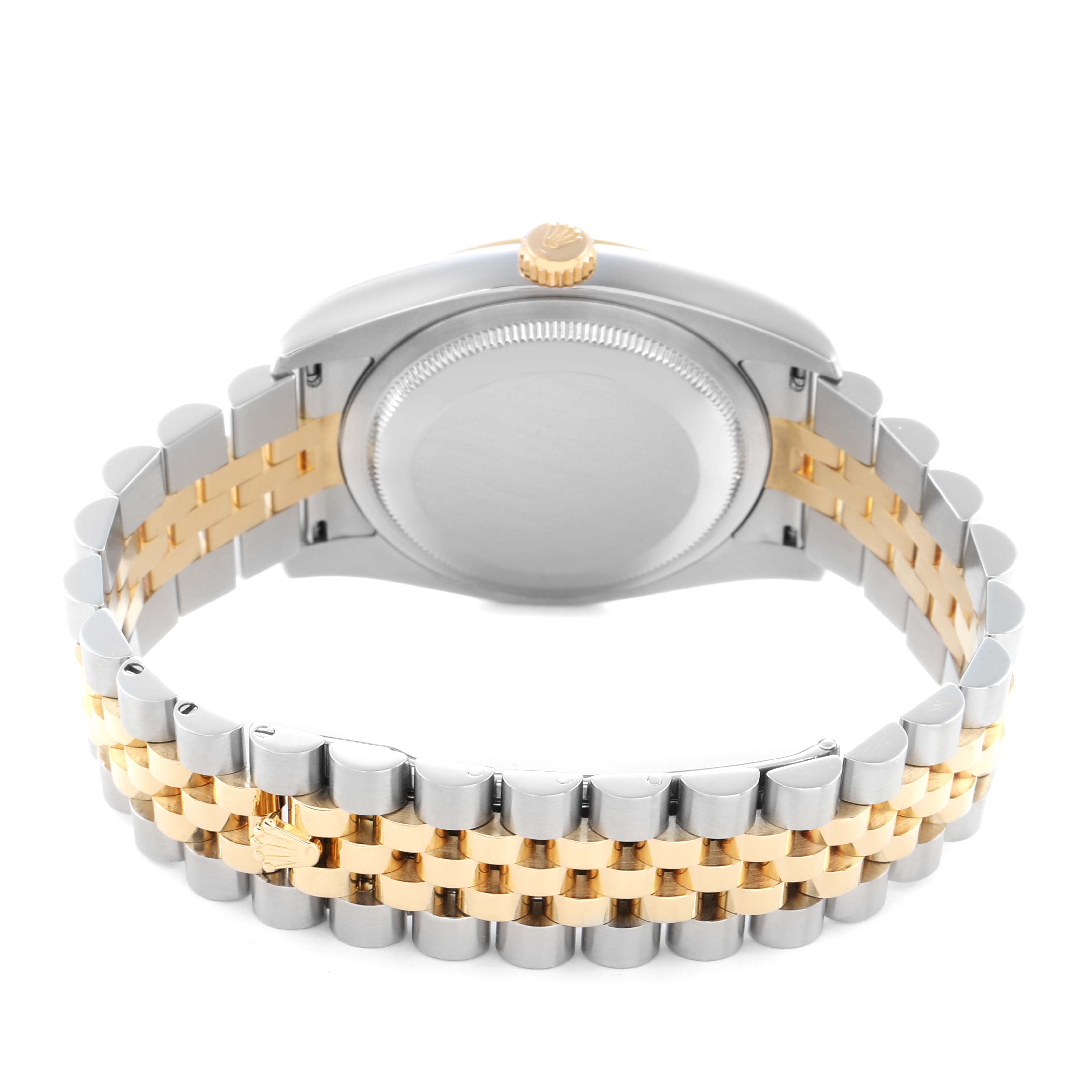 The image shows the back view of a Rolex Datejust model 116233 men
s watch, highlighting the case back and two-tone bracelet.