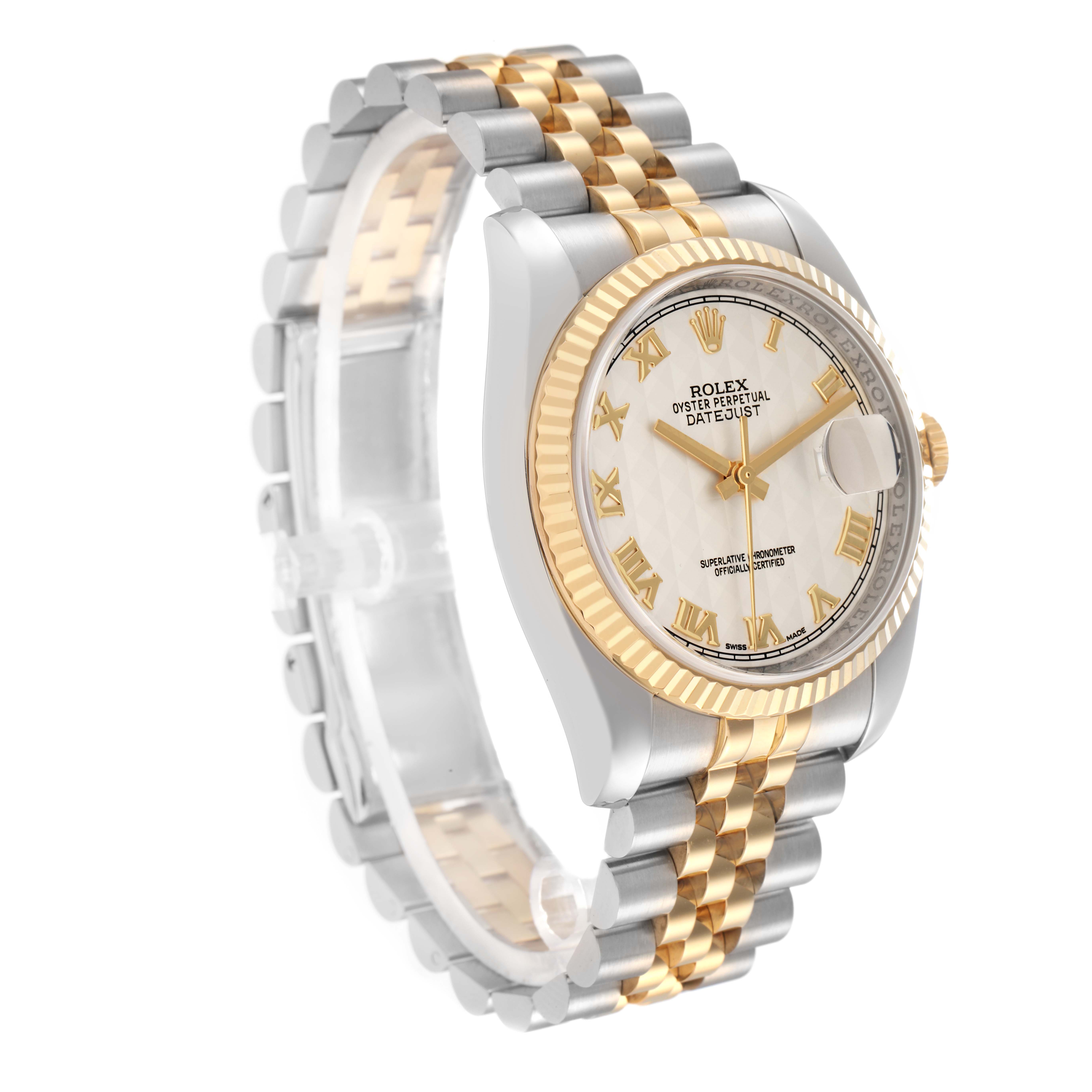 The Rolex Datejust model 116233 is shown at a three-quarter angle, highlighting the watch face, fluted bezel, and two-tone Jubilee bracelet.