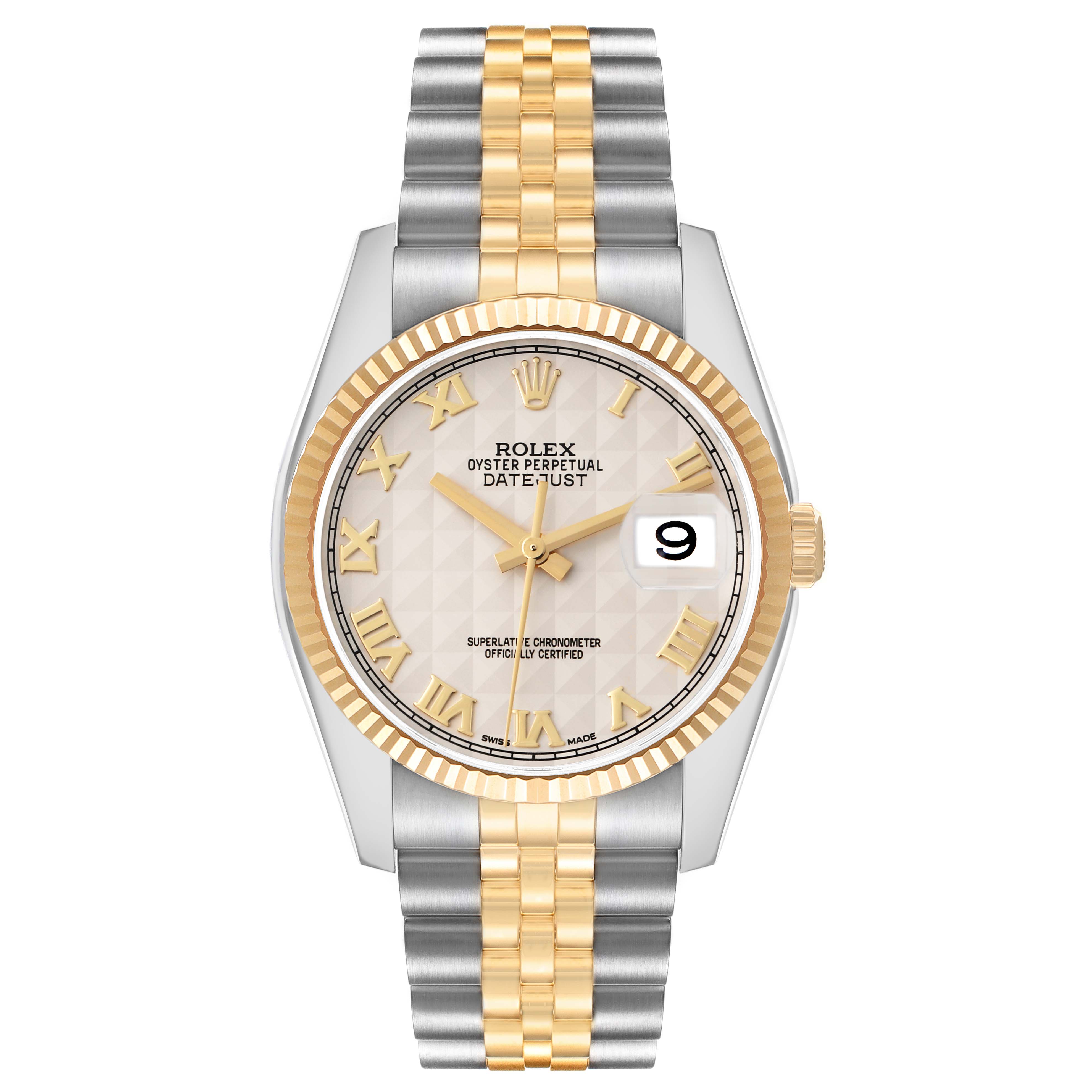 The Rolex Datejust 116233 men
s watch is shown from a straight-on angle, displaying its two-tone Jubilee bracelet, fluted bezel, and Roman numeral dial.