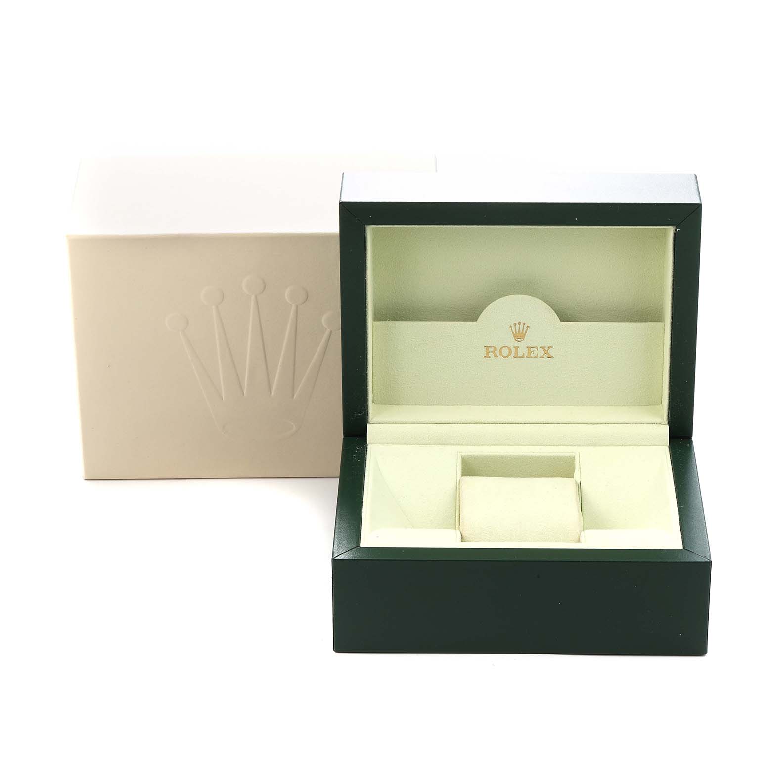 The image shows a Rolex watch box for the Datejust model 116233. The box is open, revealing its green and beige interior.