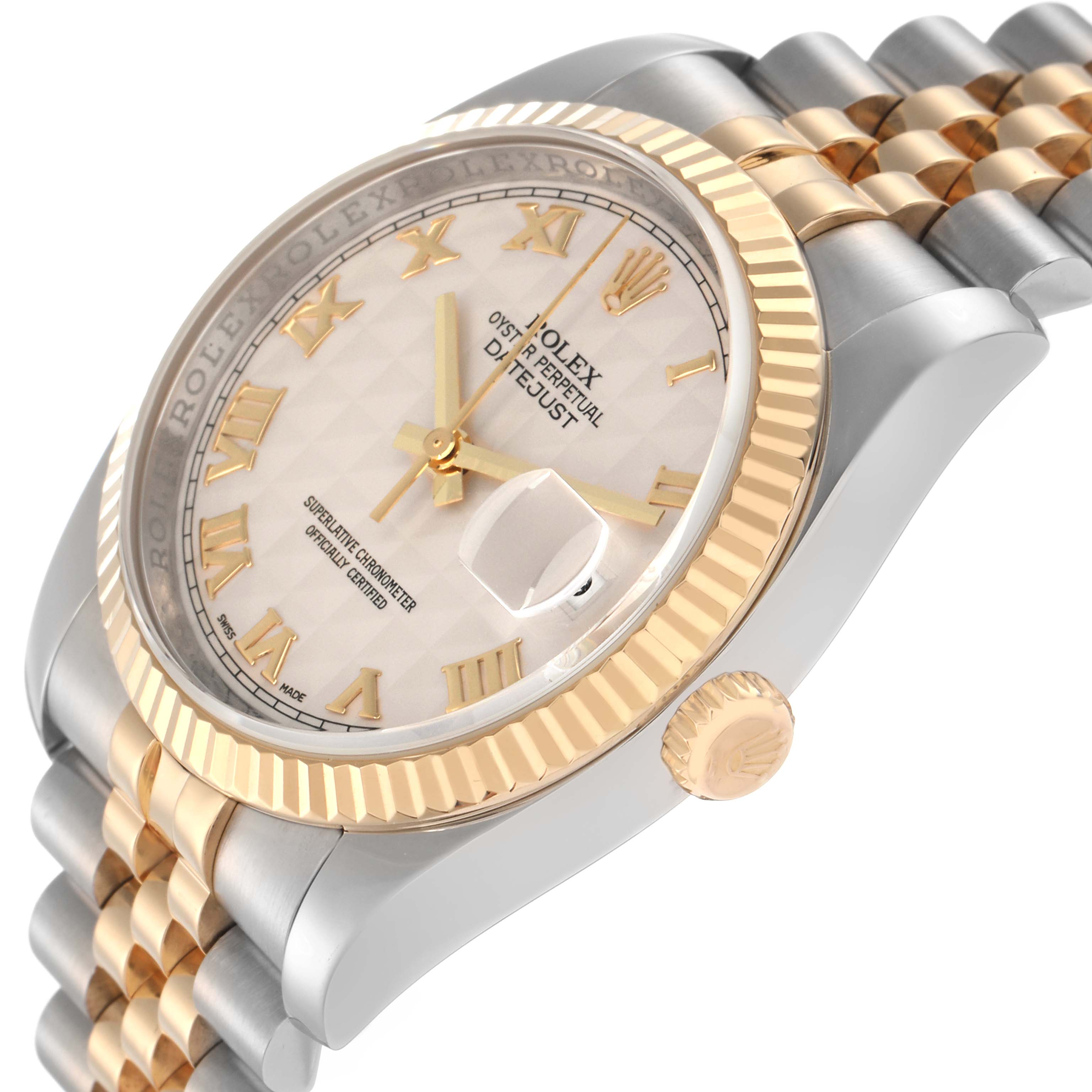The image shows a Rolex Datejust 116233 men
s watch at an angled side view, highlighting its gold bezel, crown, dial, and part of the two-tone Jubilee bracelet.