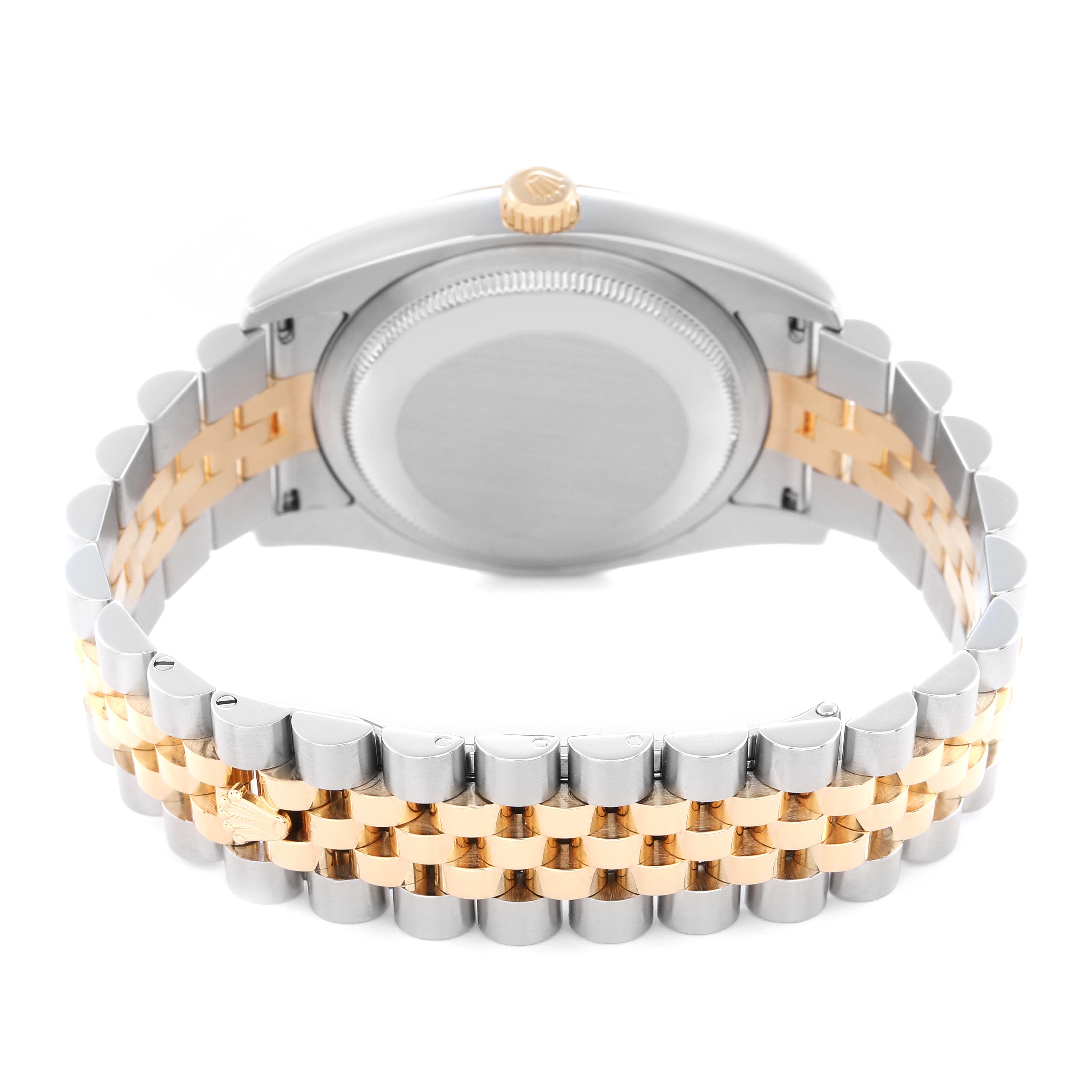 The image shows the back view of a Rolex Datejust men
s watch, model number 116233, displaying the case back and two-tone Jubilee bracelet.