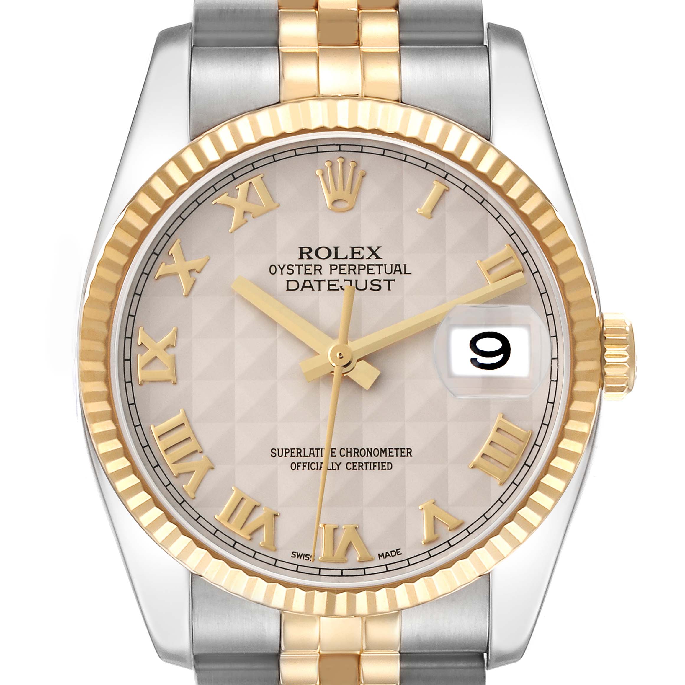 The Rolex Datejust model 116233 watch is shown from the front, highlighting its two-tone bracelet, fluted bezel, and Roman numeral dial.