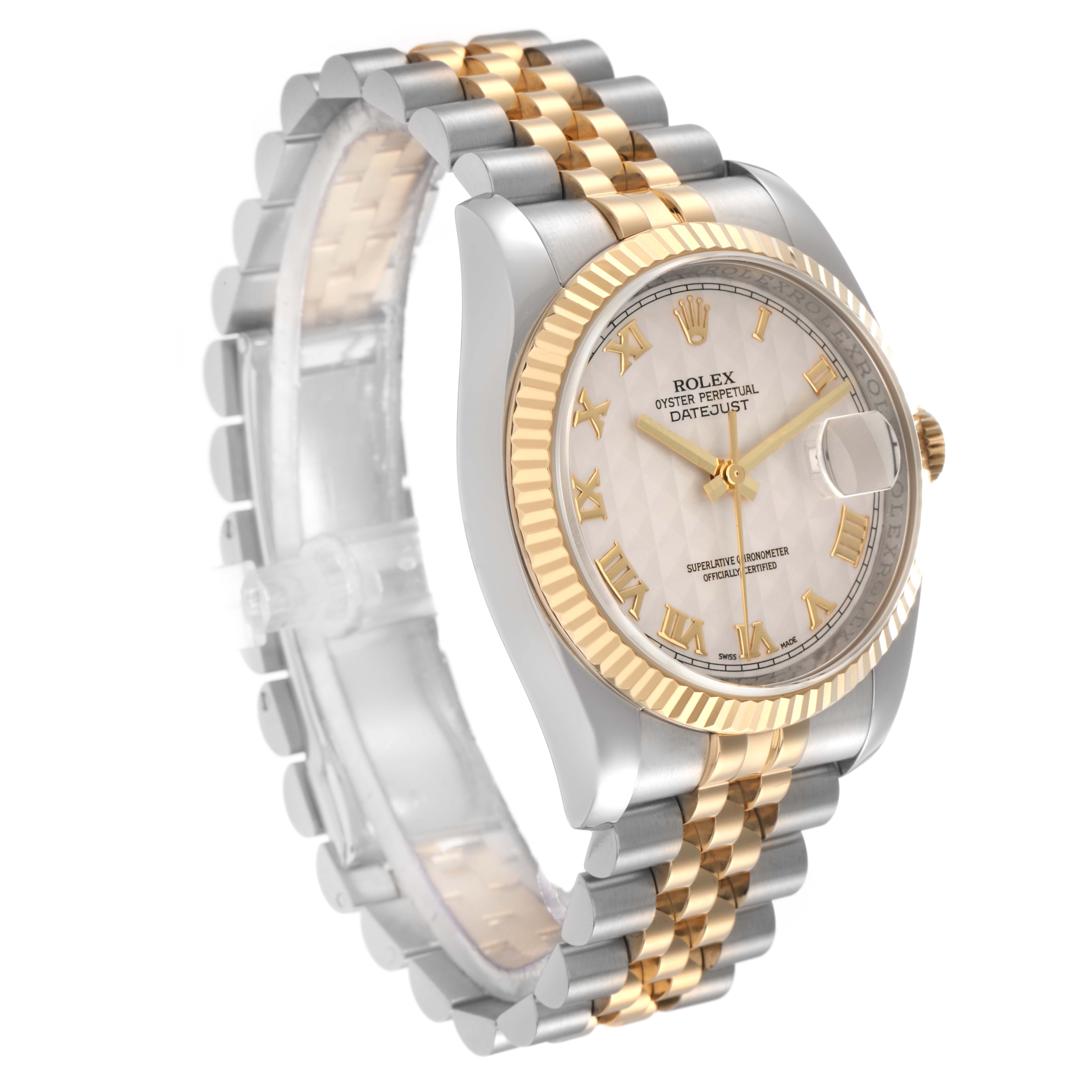 The Rolex Datejust model 116233 men
s watch is shown at a three-quarter angle, highlighting the face, fluted bezel, and two-tone bracelet.
