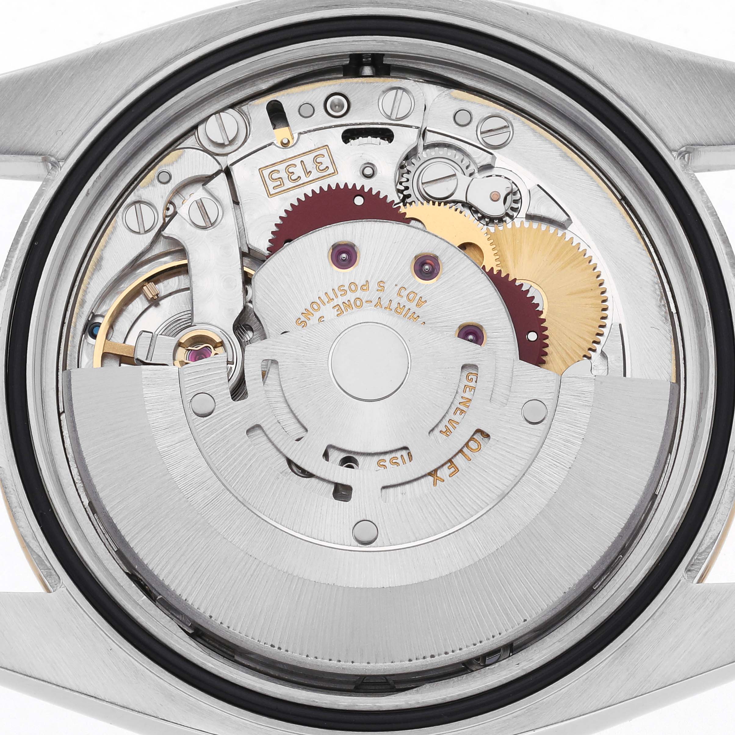 The image shows the movement of a Rolex Datejust model 116233 men
s watch from the back, displaying gears and mechanical components.