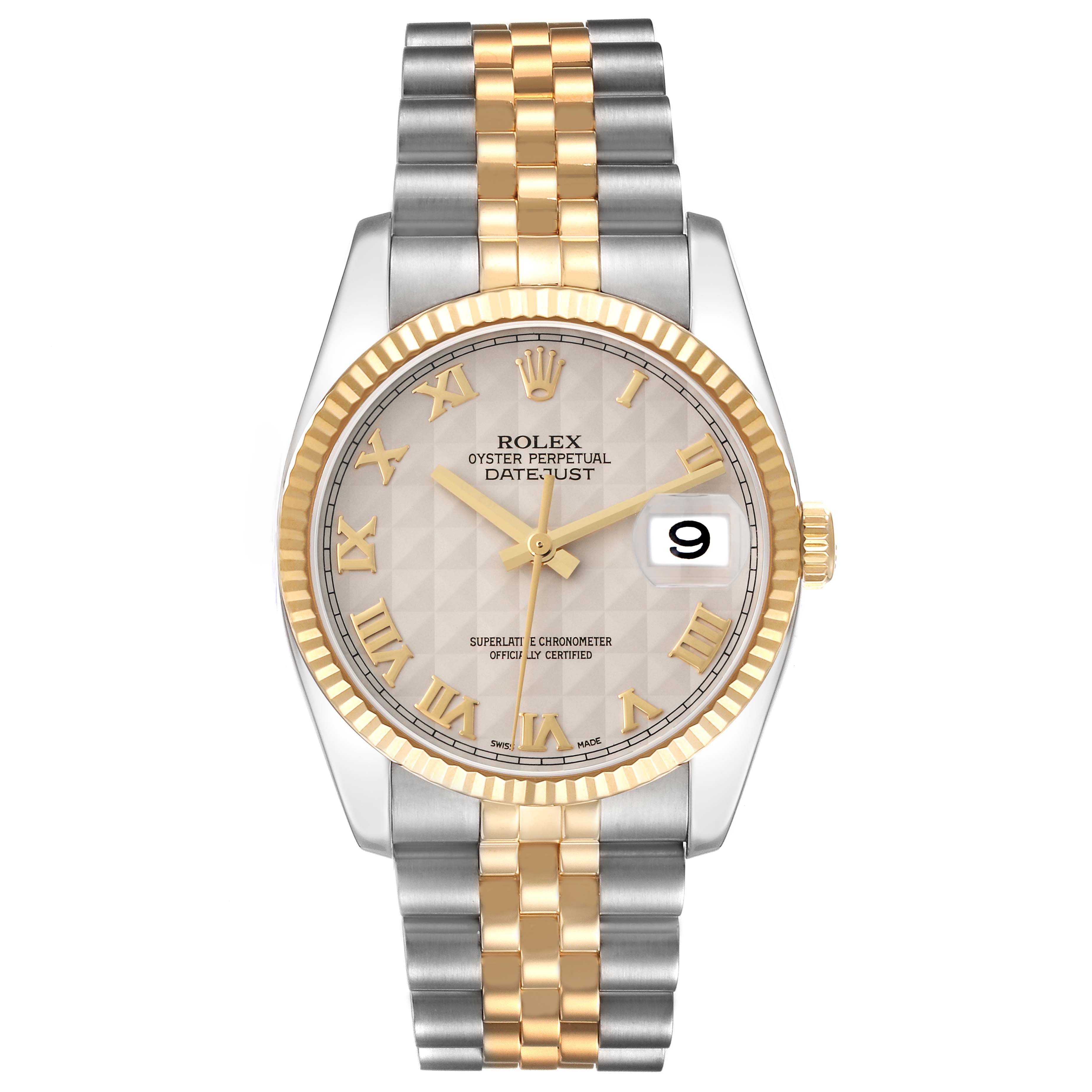The image shows a Rolex Datejust model 116233 men
s watch from the front, featuring a two-tone bracelet, fluted bezel, and date display.