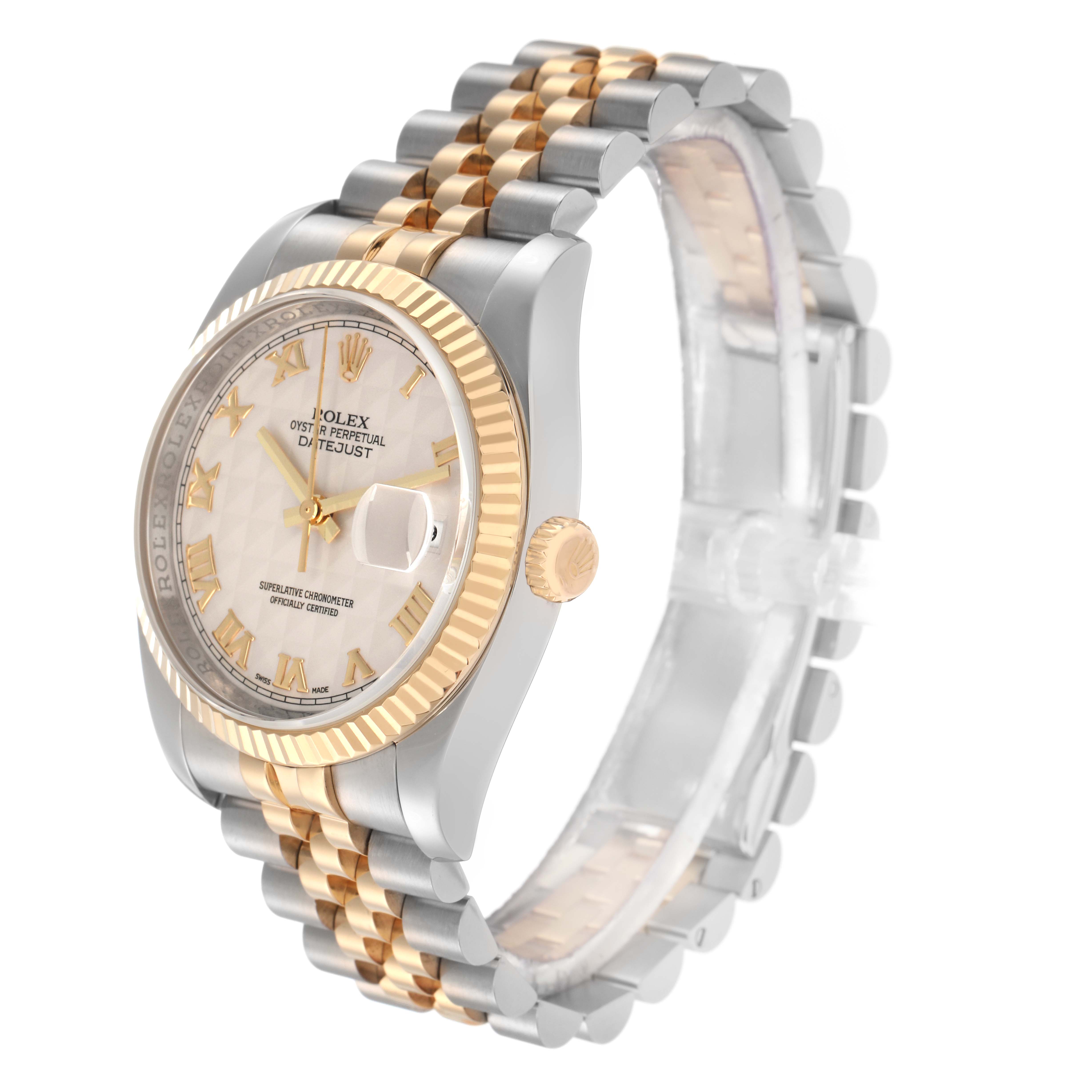 The Rolex Datejust model 116233 is shown at a slight angle highlighting the two-tone bracelet, fluted bezel, crown, and dial with Roman numerals.
