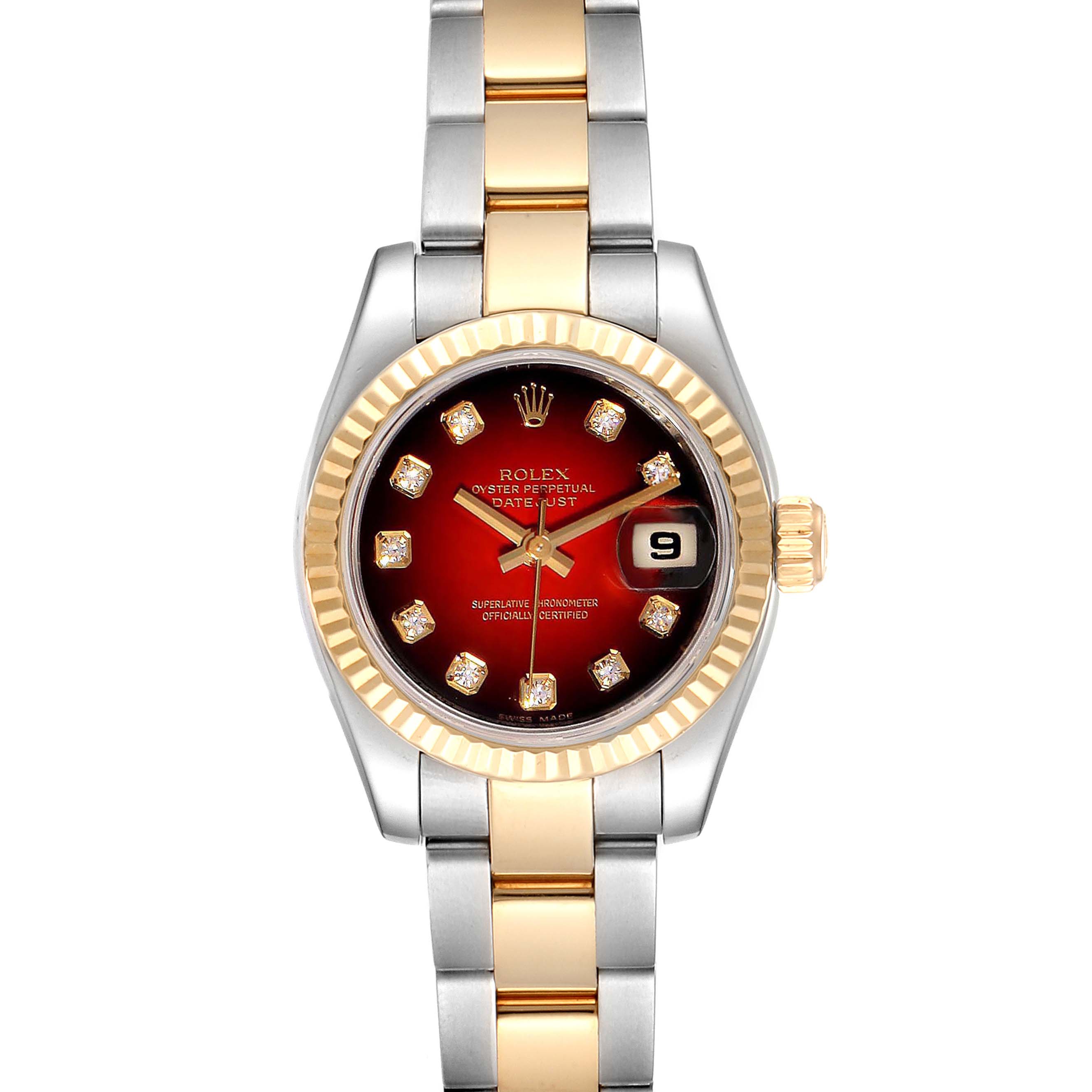 This image shows a frontal view of a Rolex Datejust 179173 Women's Steel and Gold (two tone) Red Dial 179173 Women's Steel and Gold (two tone) Red Dial watch, highlighting its dial, bracelet, and bezel.