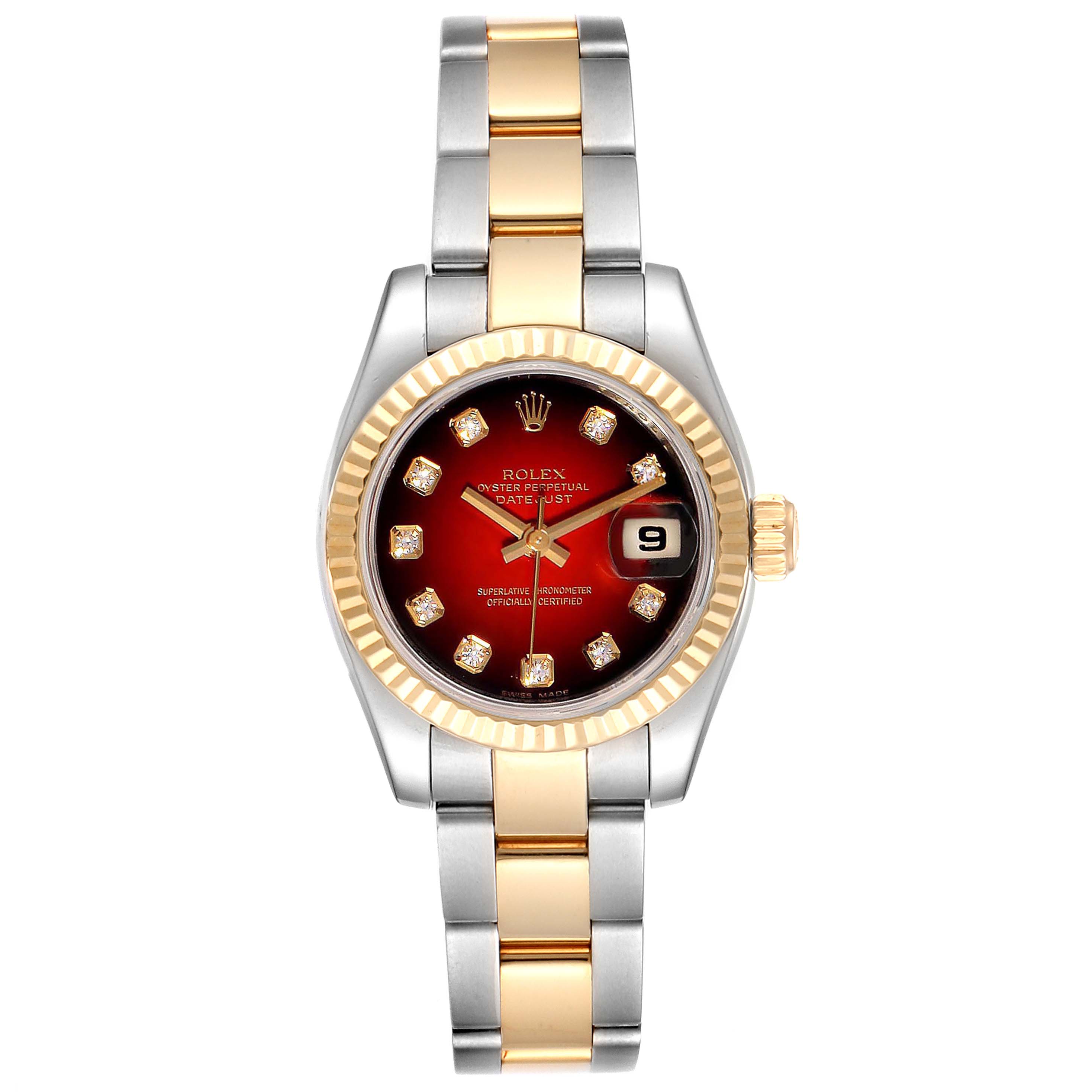 The image shows a Rolex Datejust 179173 Women's Steel and Gold (two tone) Red Dial 179173 Women's Steel and Gold (two tone) Red Dial watch from a top-down angle, displaying its face, bezel, and part of the bracelet.