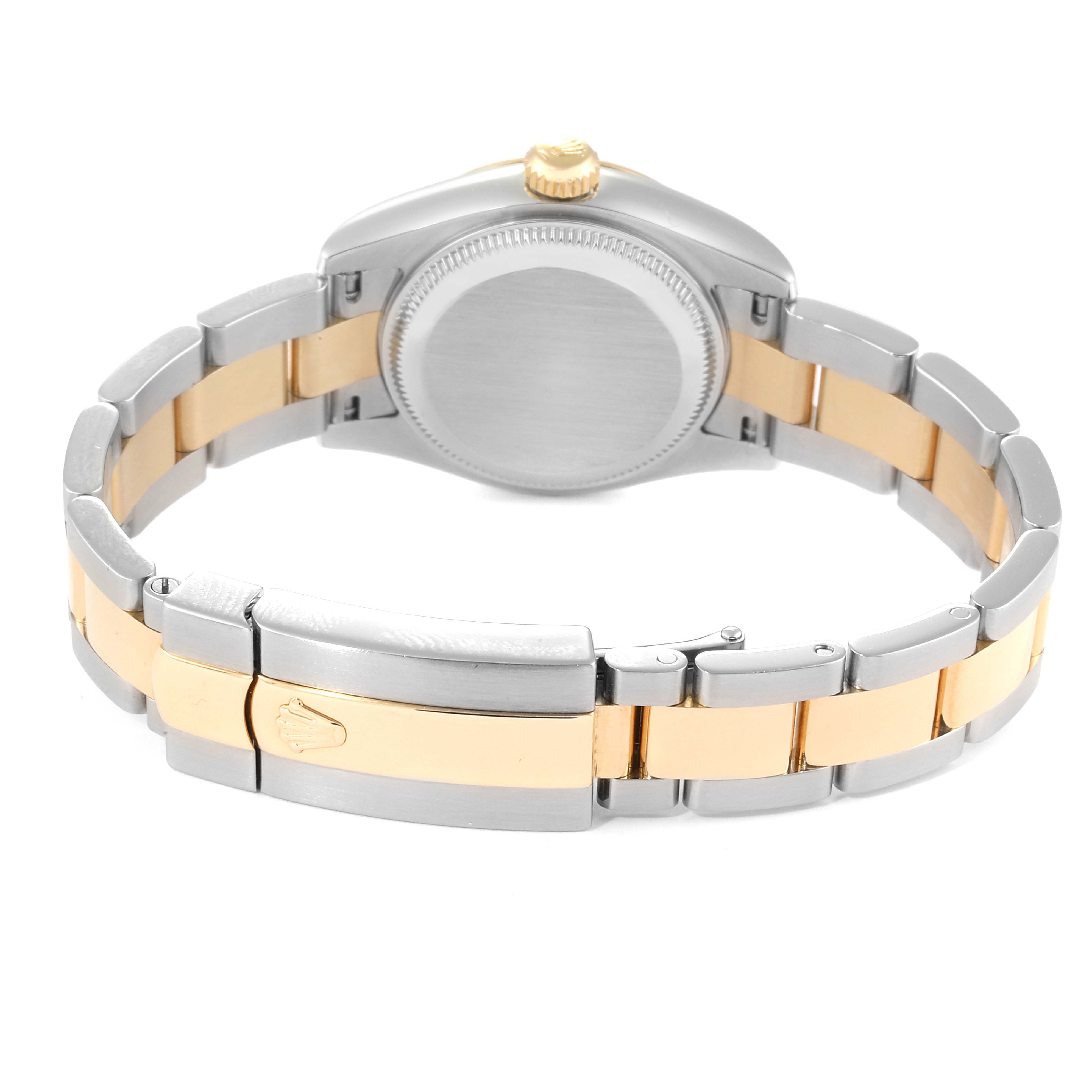 The image shows the back view of a Rolex Datejust 179173 Women's Steel and Gold (two tone) Red Dial 179173 Women's Steel and Gold (two tone) Red Dial watch, highlighting the case back and two-tone bracelet with a clasp.