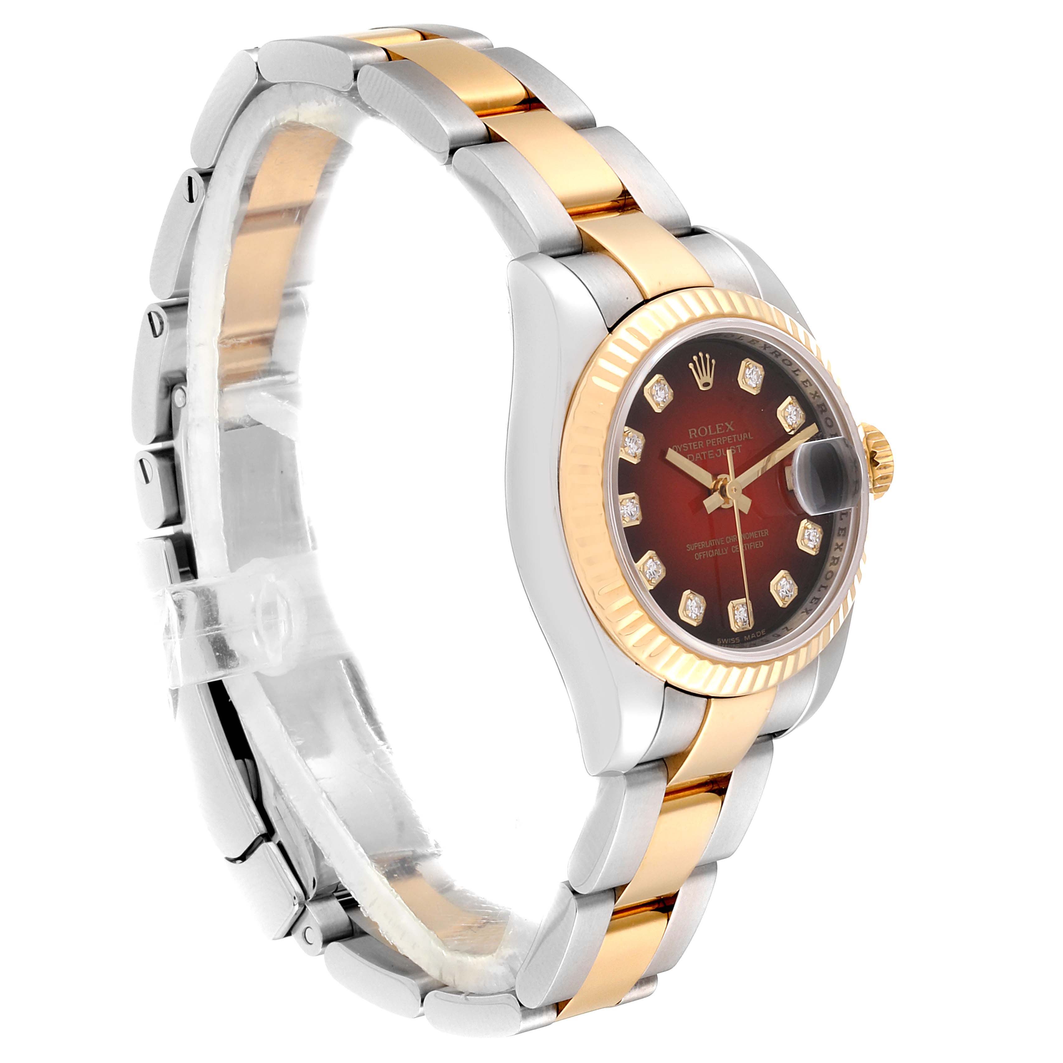 This image shows a side angle of the Rolex Datejust 179173 Women's Steel and Gold (two tone) Red Dial 179173 Women's Steel and Gold (two tone) Red Dial model, highlighting the case, dial, bezel, and bracelet.