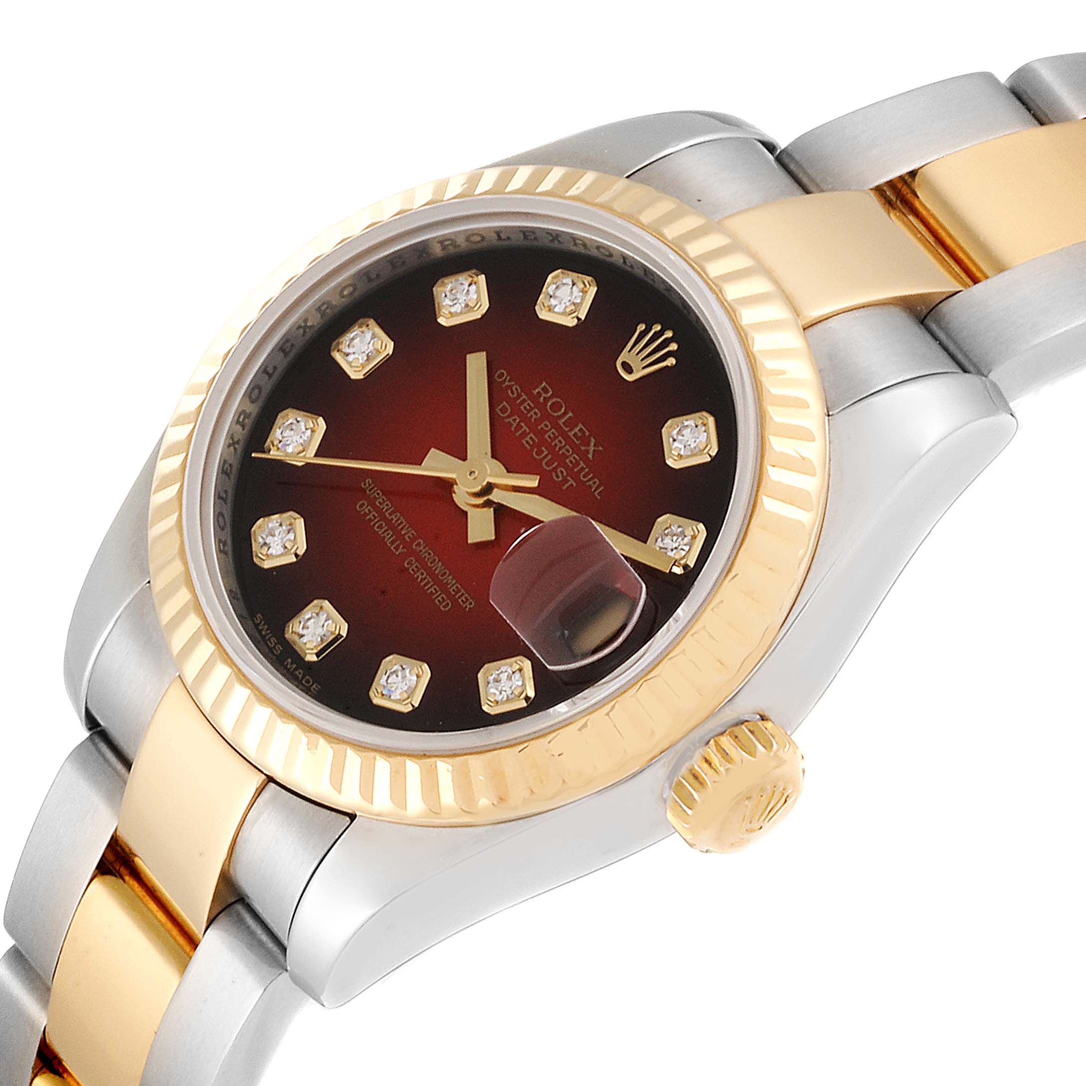 The image shows an angled view of a Rolex Datejust 179173 Women's Steel and Gold (two tone) Red Dial 179173 Women's Steel and Gold (two tone) Red Dial watch displaying its face, crown, and two-tone bracelet.