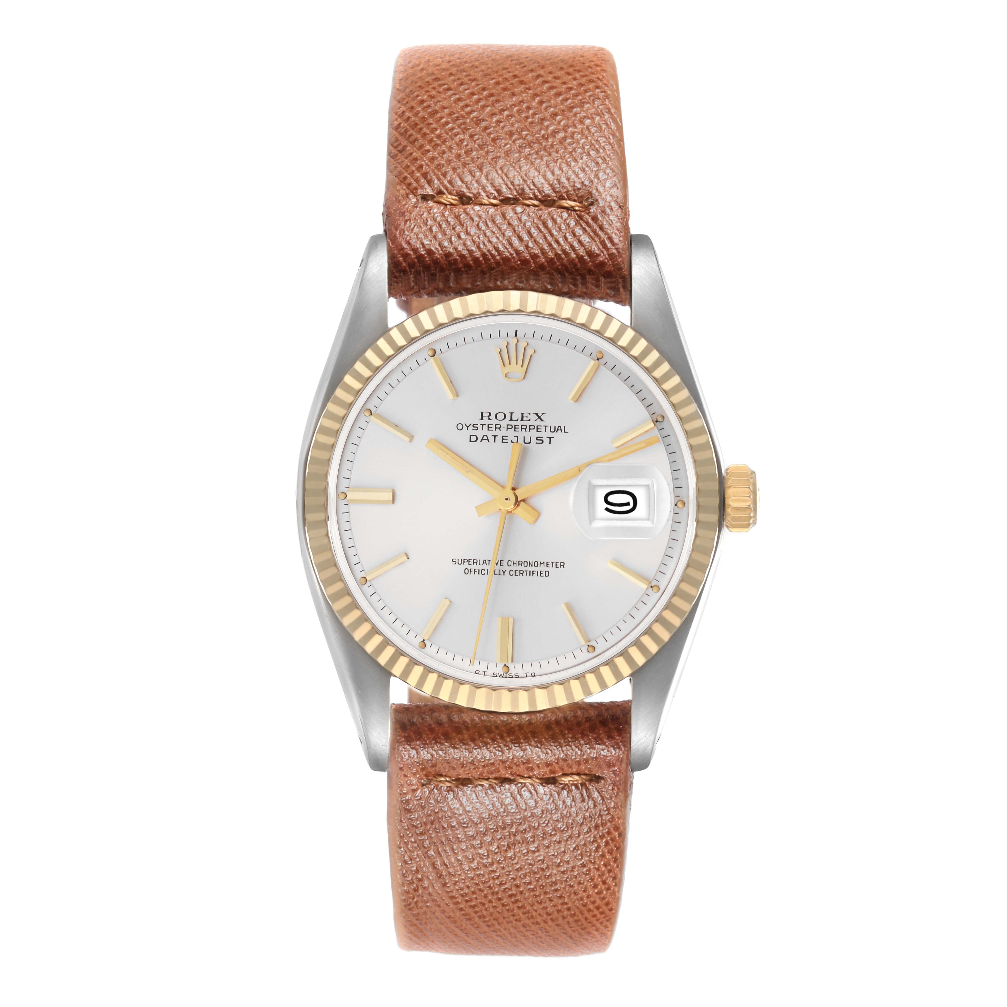 The Rolex Datejust model 1601 men
s watch is shown from a top-down angle, displaying the dial, bezel, crown, and brown leather strap.