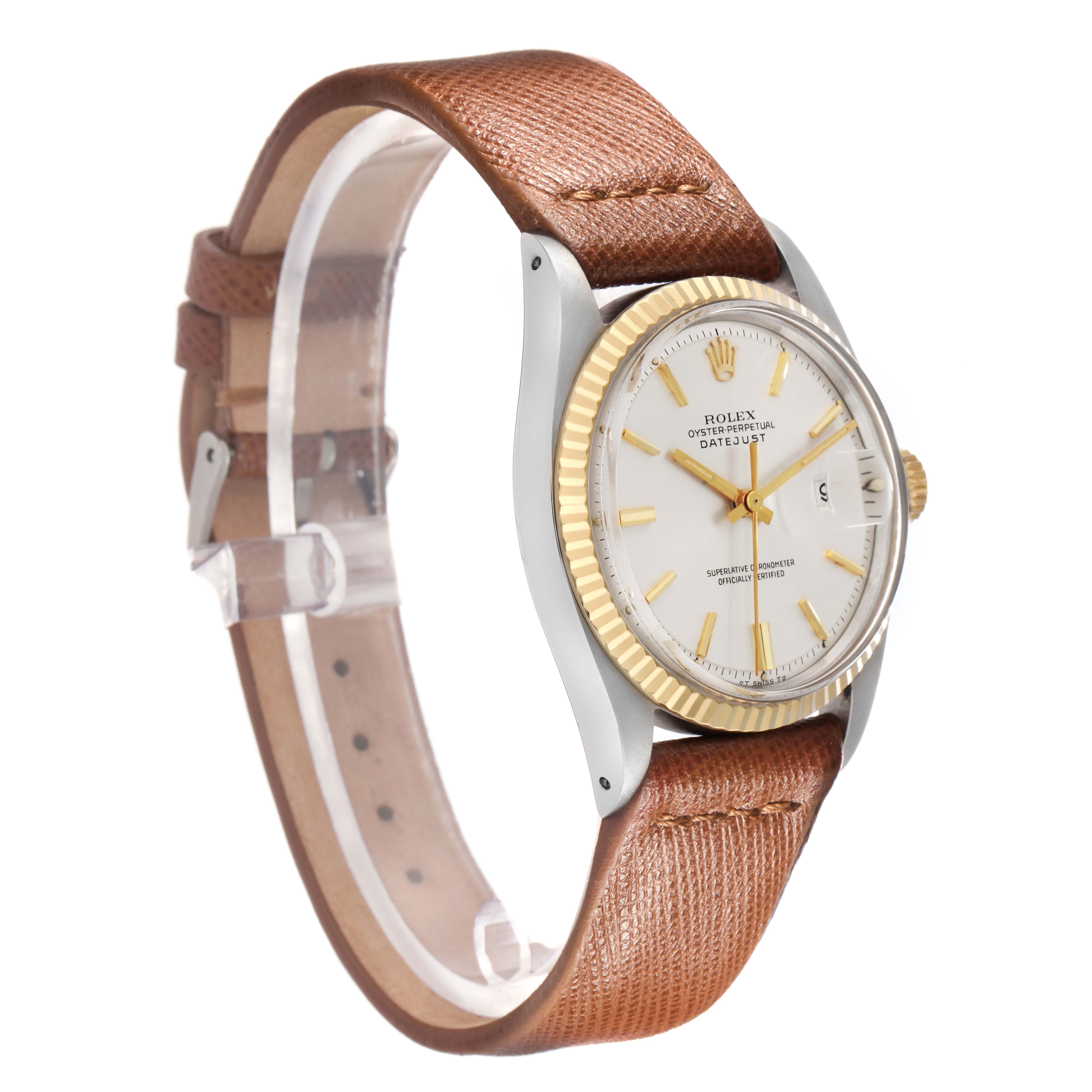 The Rolex Datejust 1601 men
s watch is shown from a front-left angle, highlighting the dial, fluted bezel, crown, and brown leather strap.