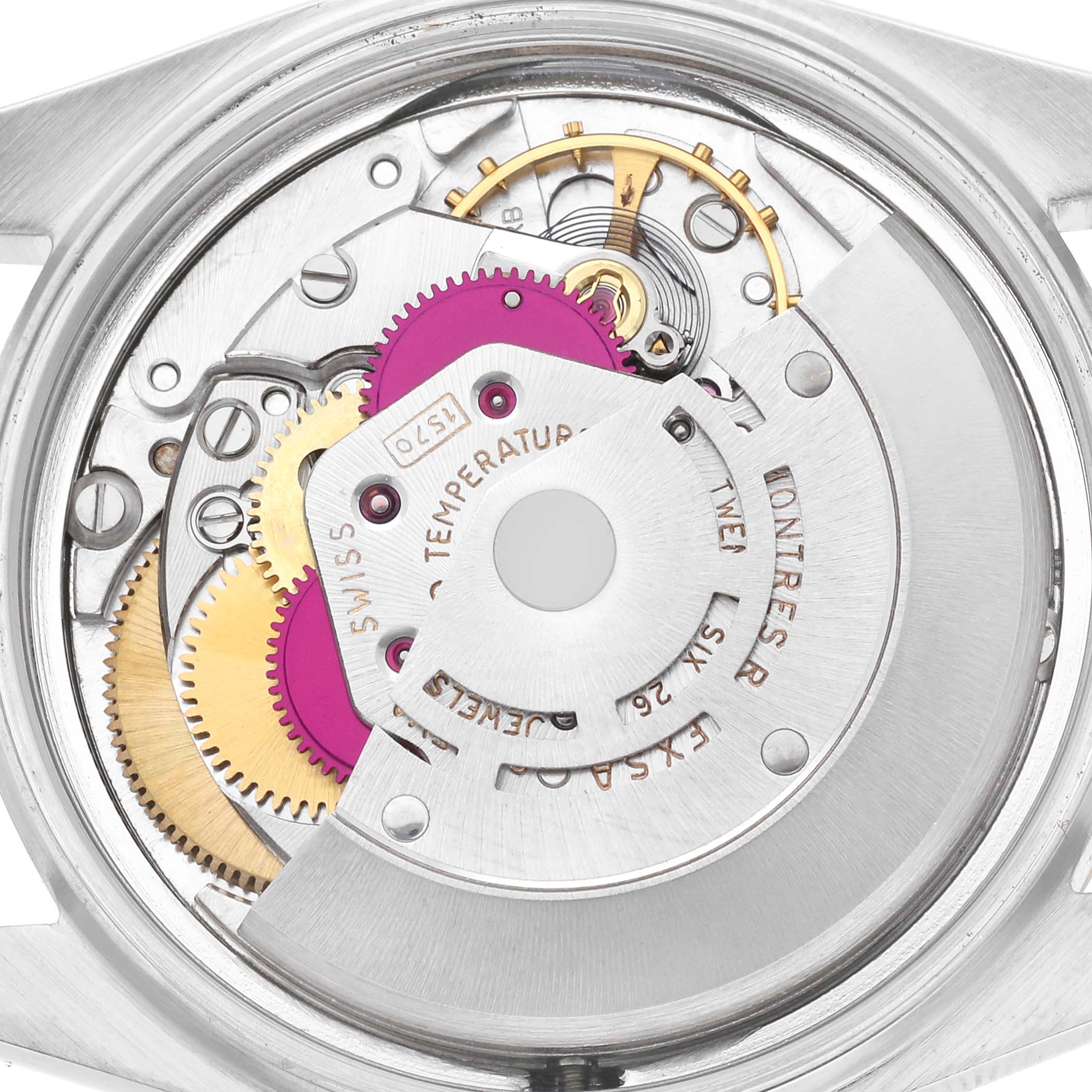 The image shows the movement of a Rolex Datejust model 1601 men
s watch, highlighting the gears and mechanical components from a top-down angle.