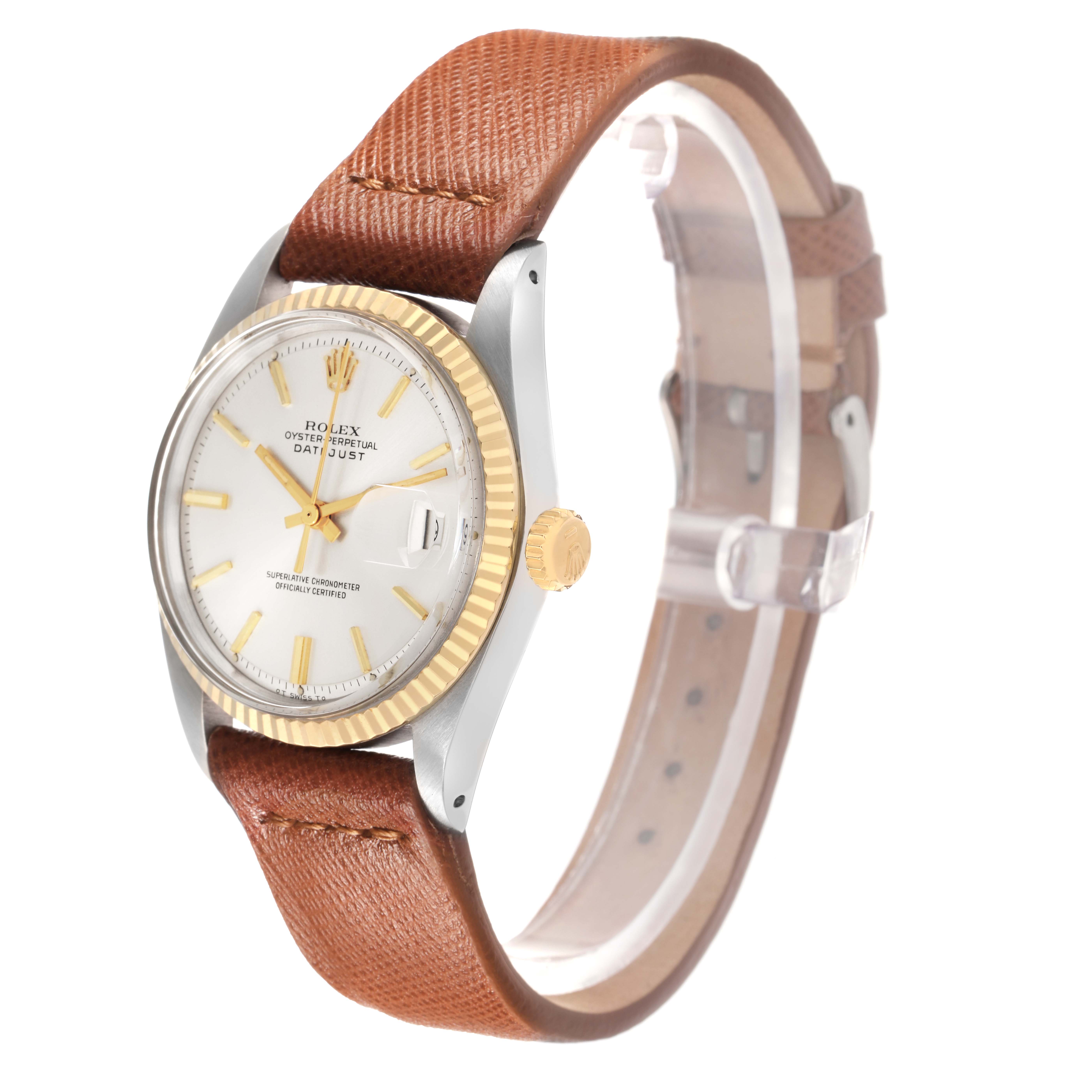 The Rolex Datejust model 1601 watch is shown at a slight angle, highlighting the face, bezel, crown, and leather strap.