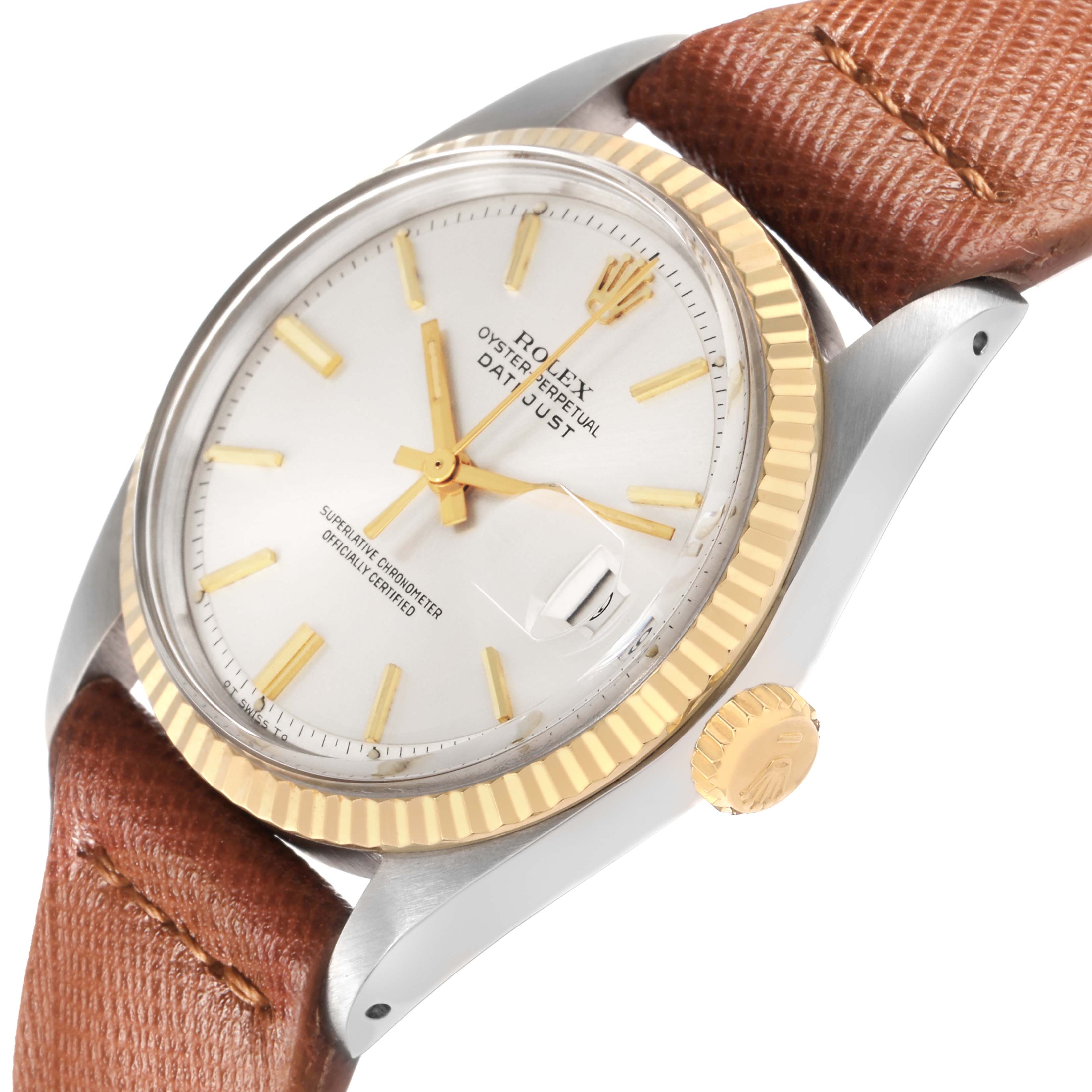 The image shows a Rolex Datejust model 1601 men
s watch from a side angle, highlighting the bezel, crown, and parts of the dial and strap.