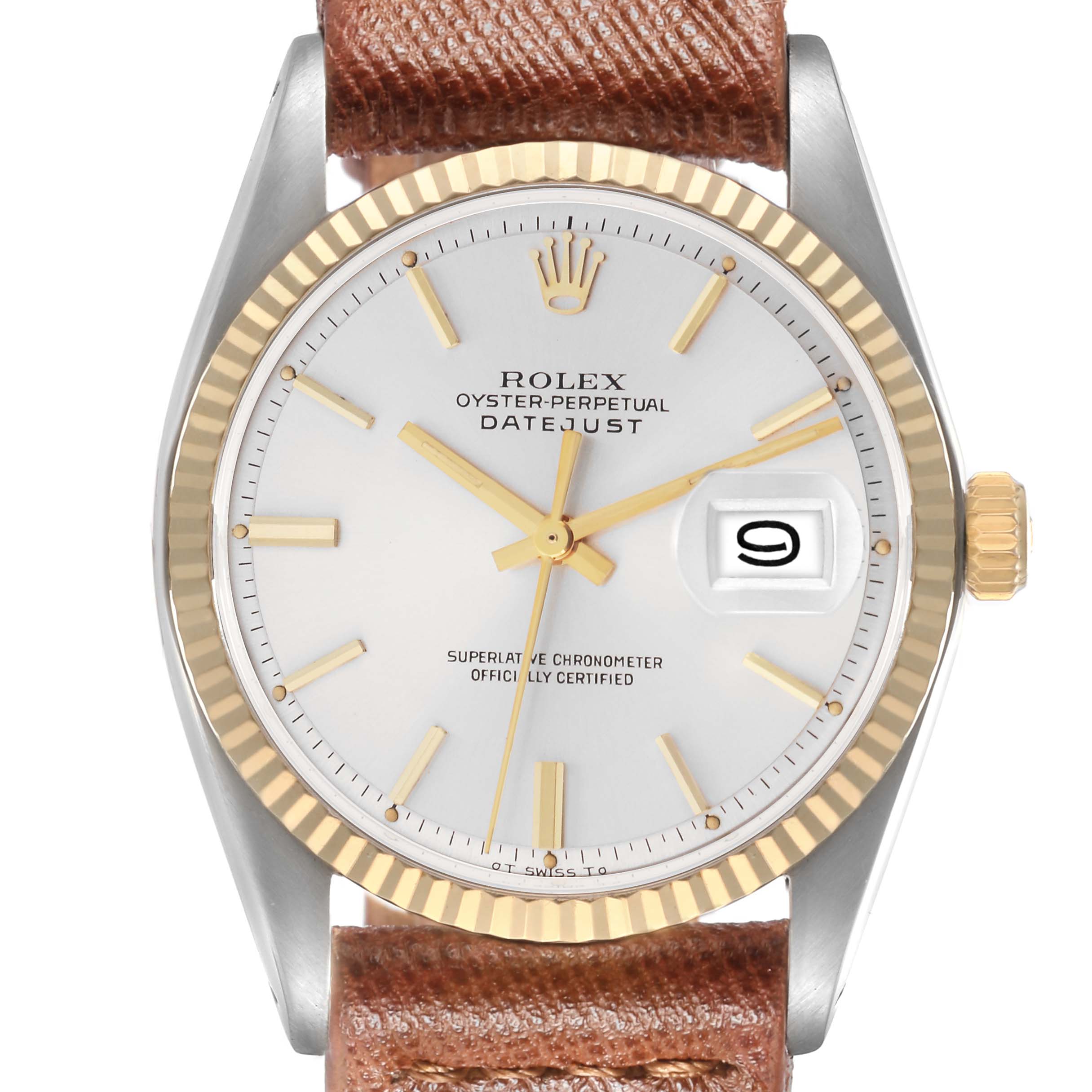 The image shows a frontal view of a Rolex Datejust model 1601 men
s watch, highlighting its gold-accented bezel, dial, and date window.