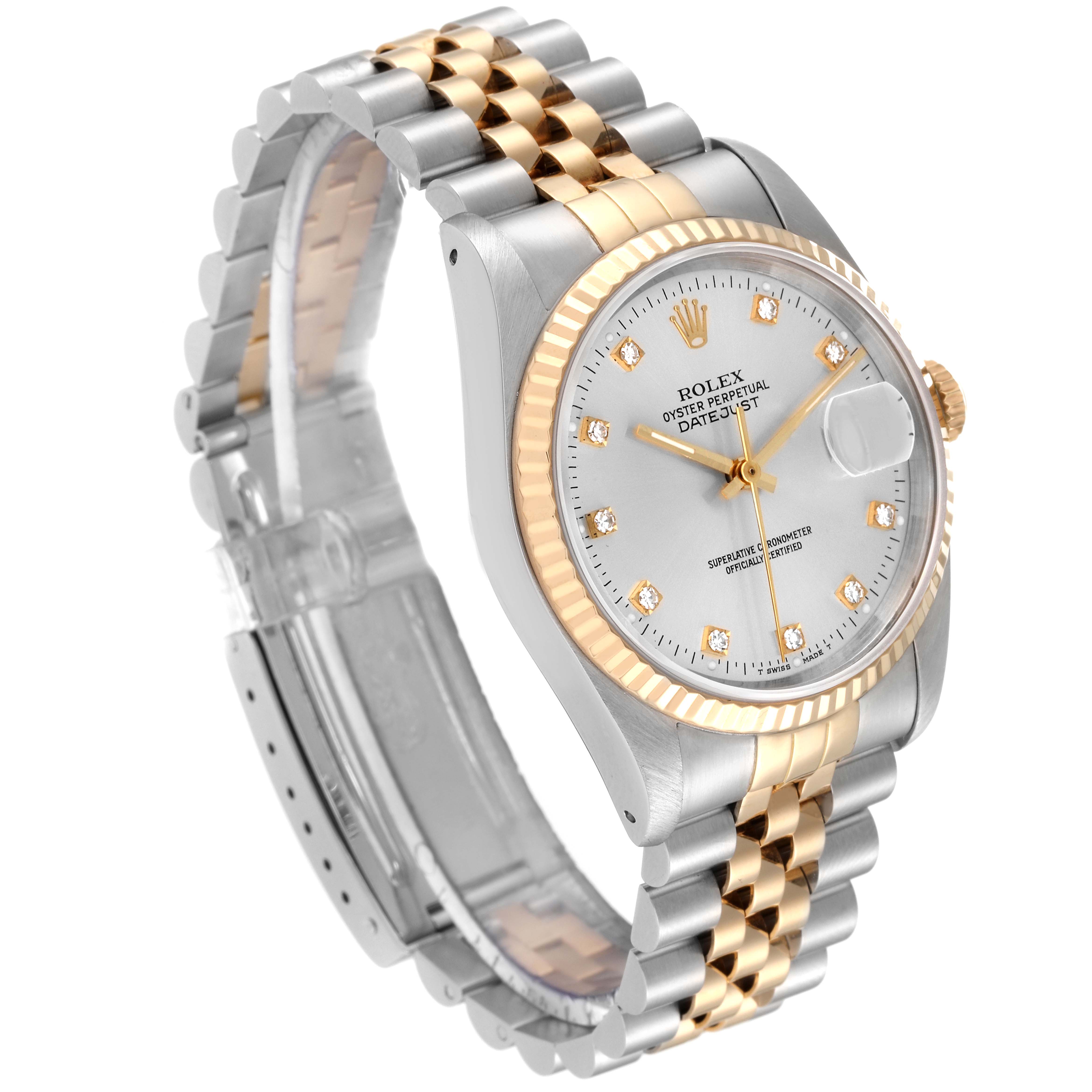 The Rolex Datejust 16233 Men's Steel and Gold (two tone) Silver Dial 16233 Men's Steel and Gold (two tone) Silver Dial watch is shown at a slight angle, revealing the face, bezel, bracelet, and crown.